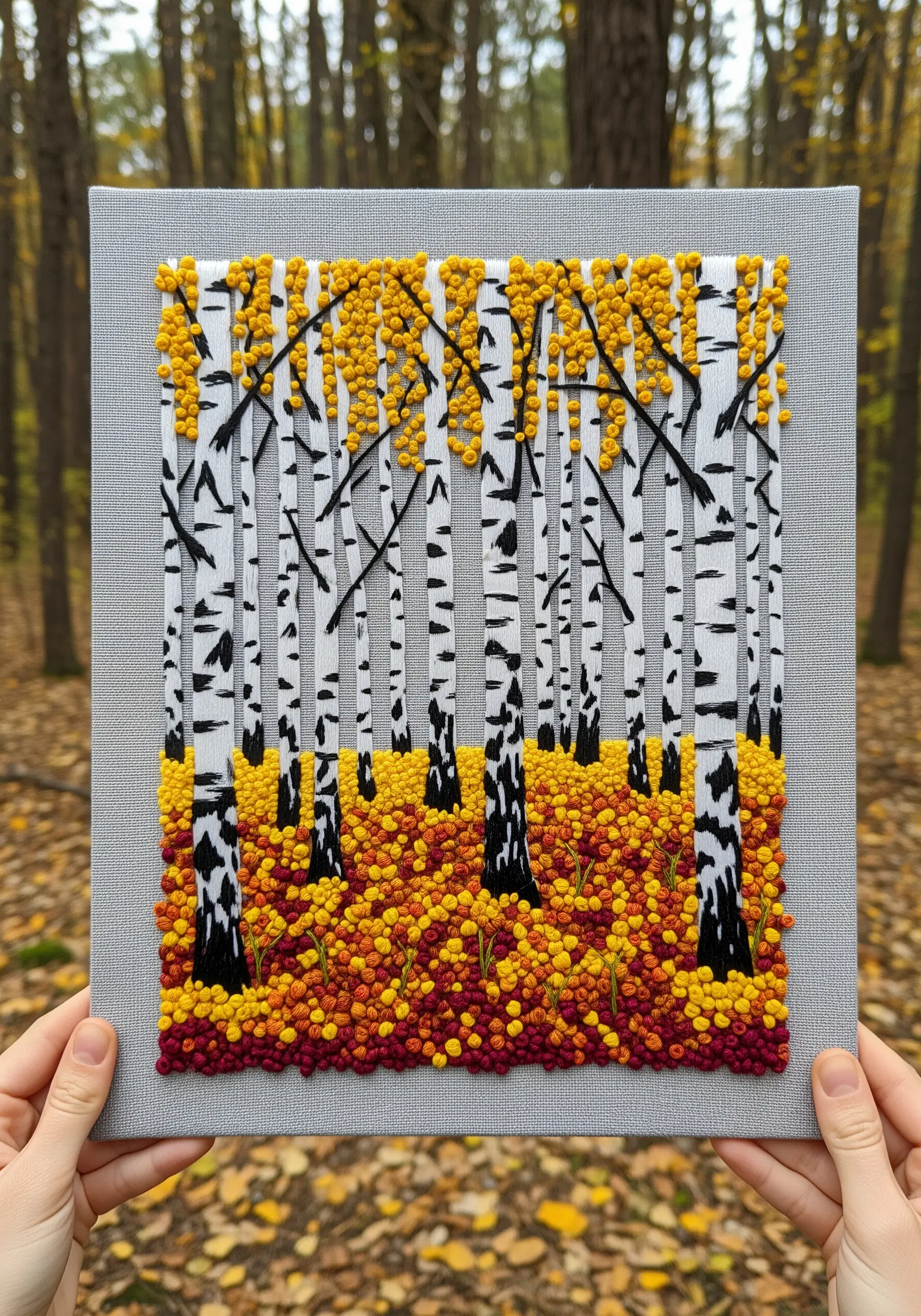 Embroidery of a birch tree forest with yellow and orange French knot foliage.