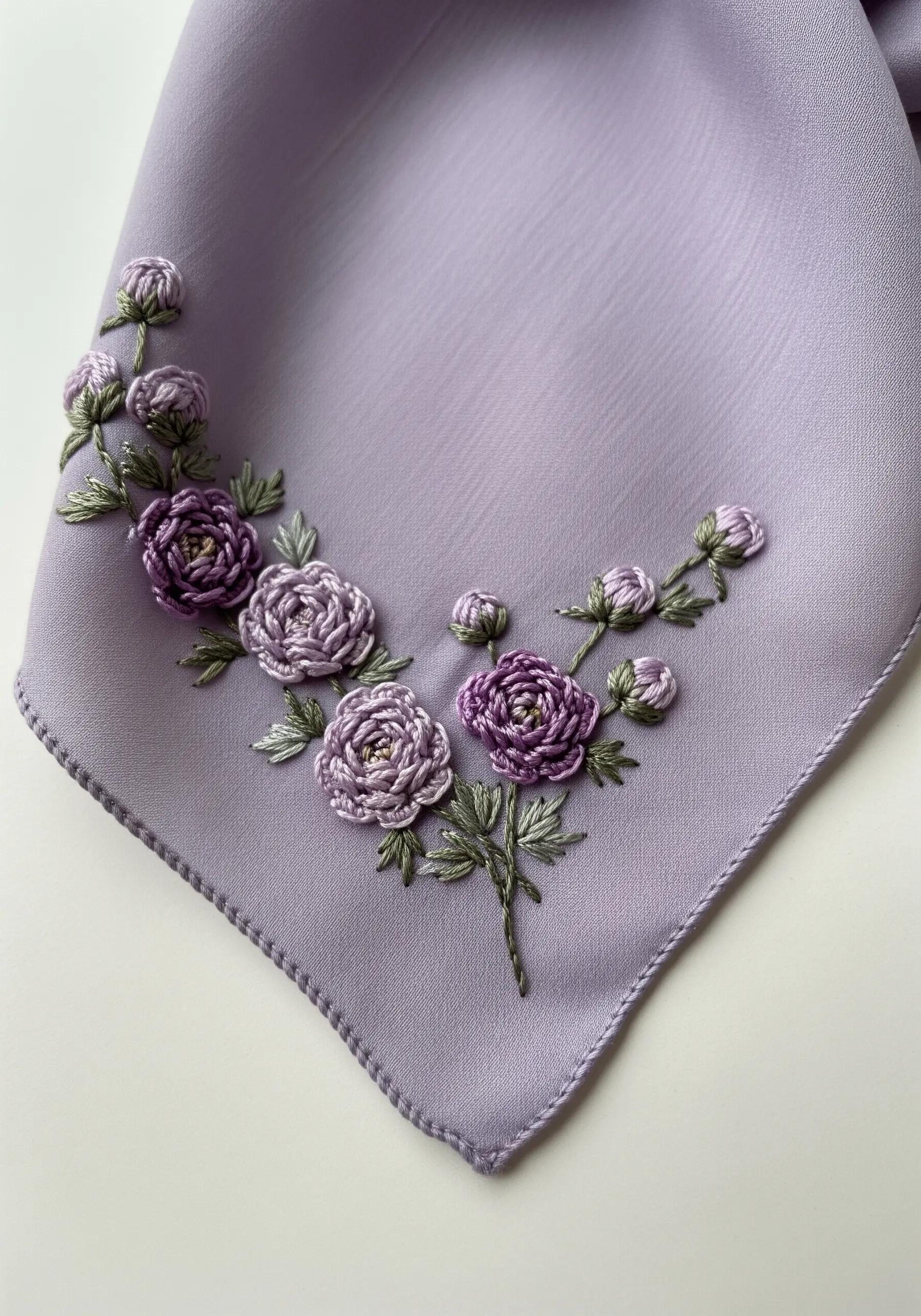 Raised purple woven wheel stitch flowers on the corner of a lavender scarf.