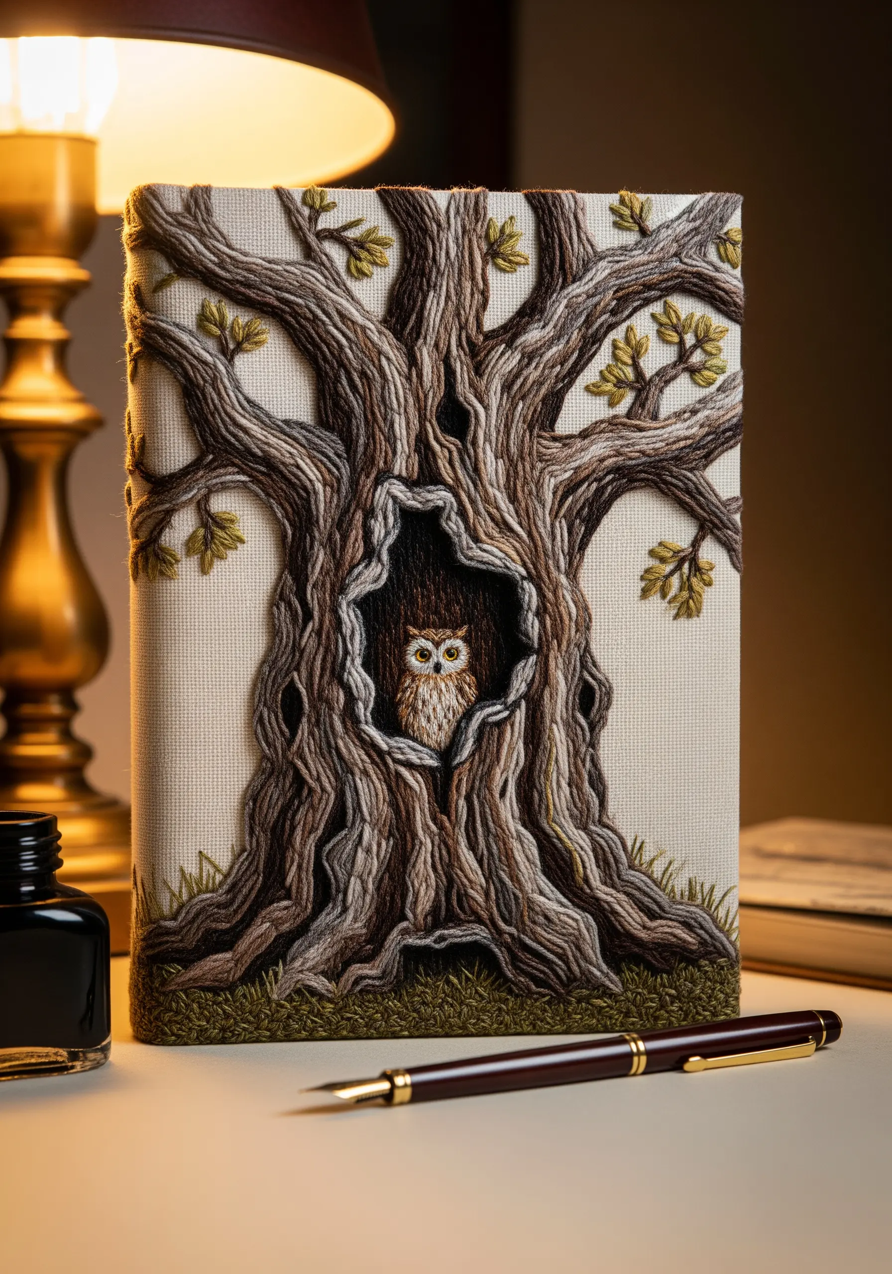 An embroidered book cover featuring a detailed, textured tree with an owl in a hollow.