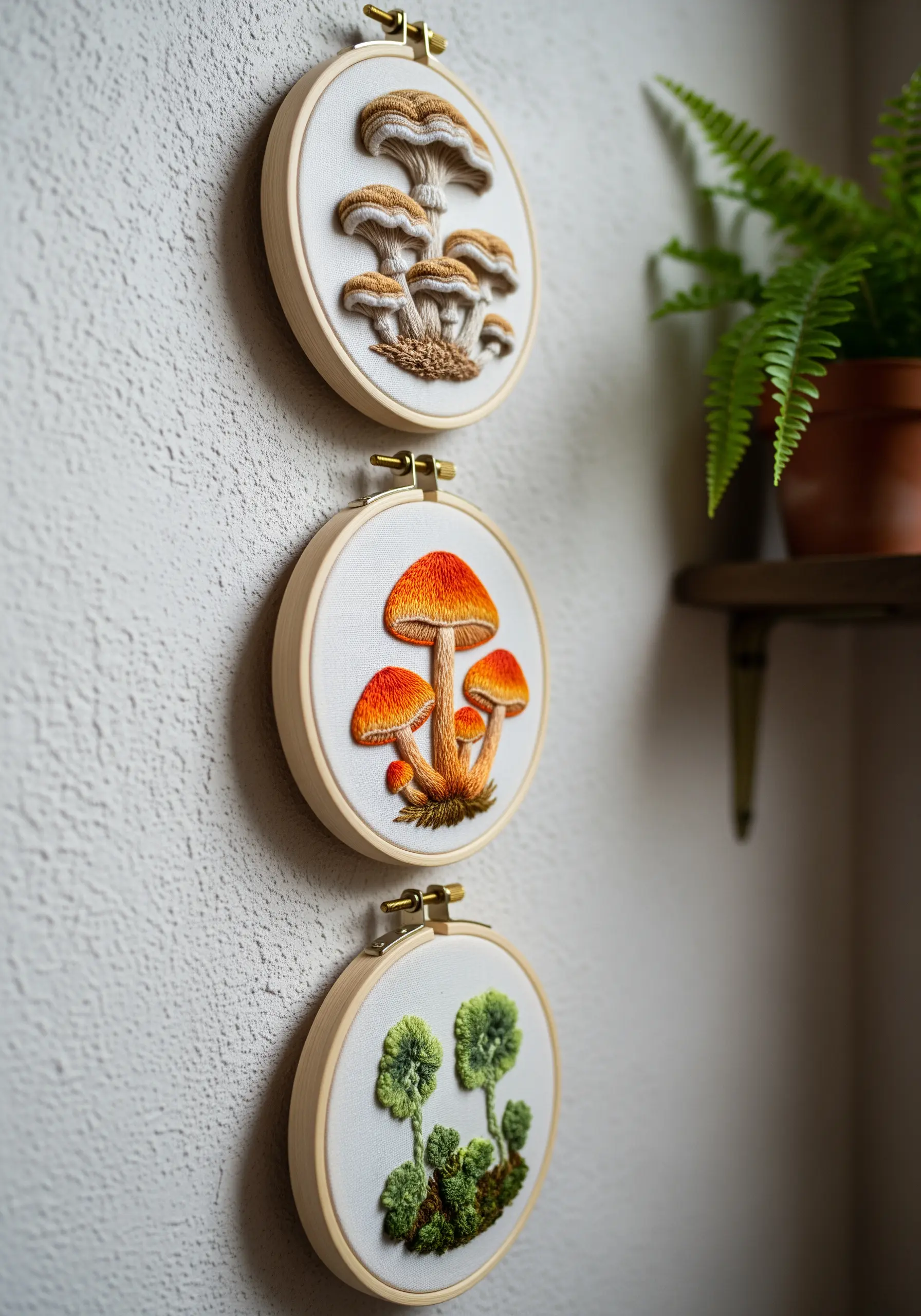 Three small embroidery hoops displaying different types of realistic, 3D mushrooms and moss.