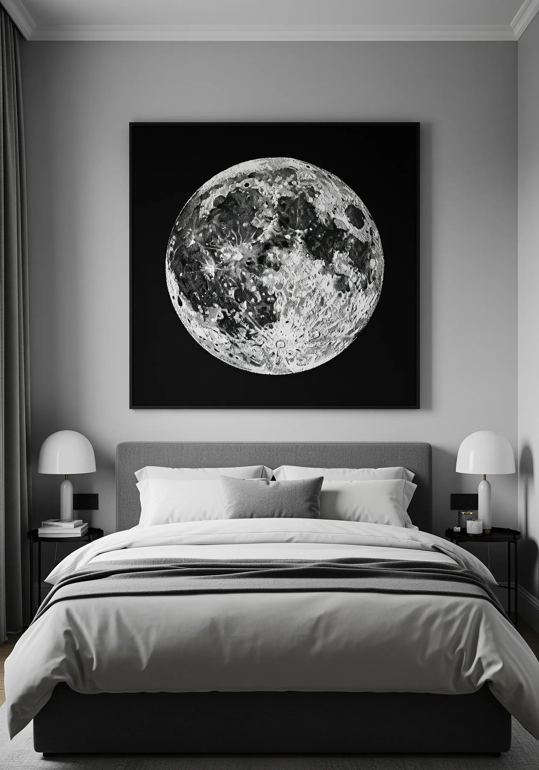 A large, photorealistic embroidered full moon on a black canvas, showing detailed craters.