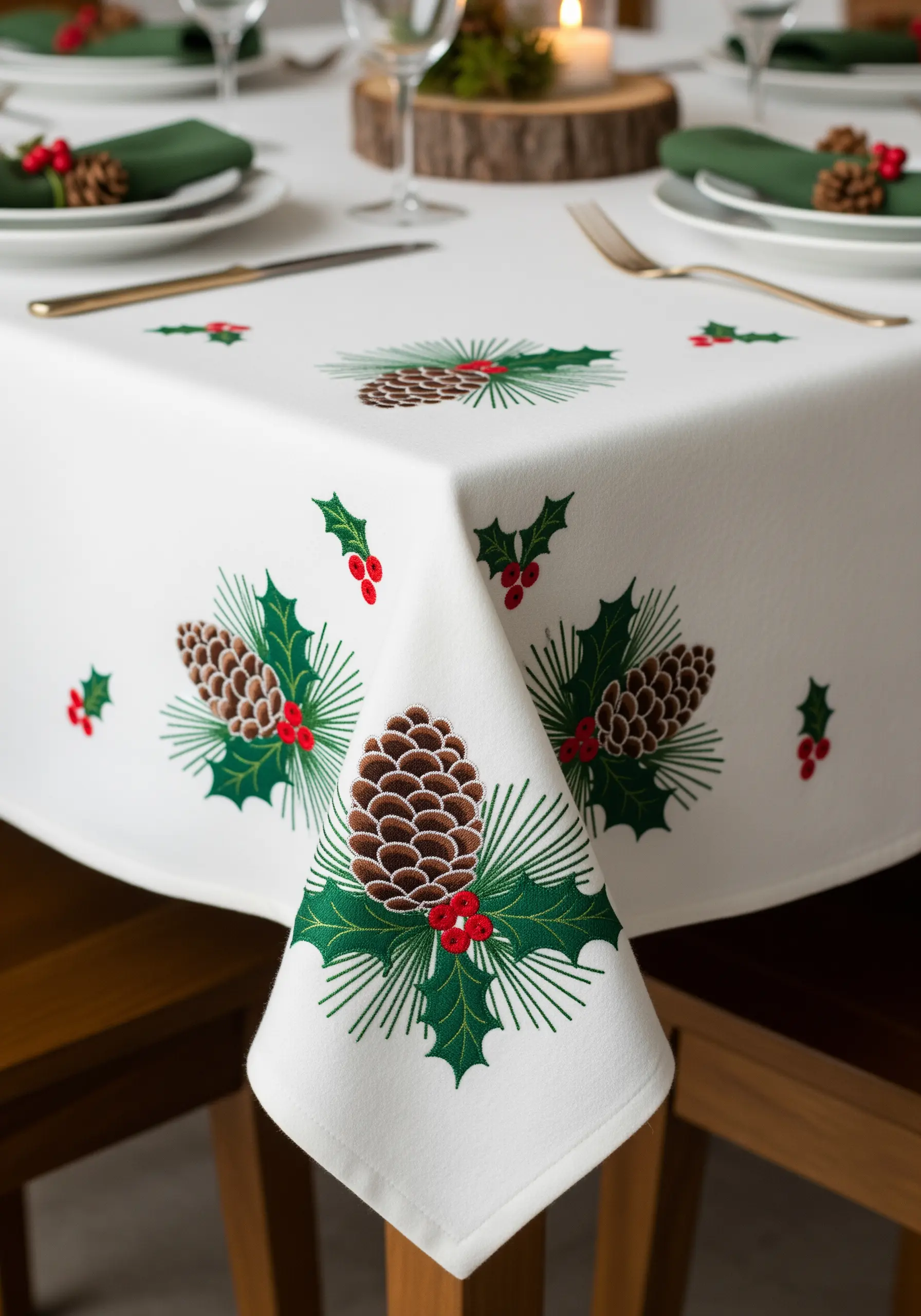 A holiday tablecloth with embroidered pinecones, holly leaves, and red berries.