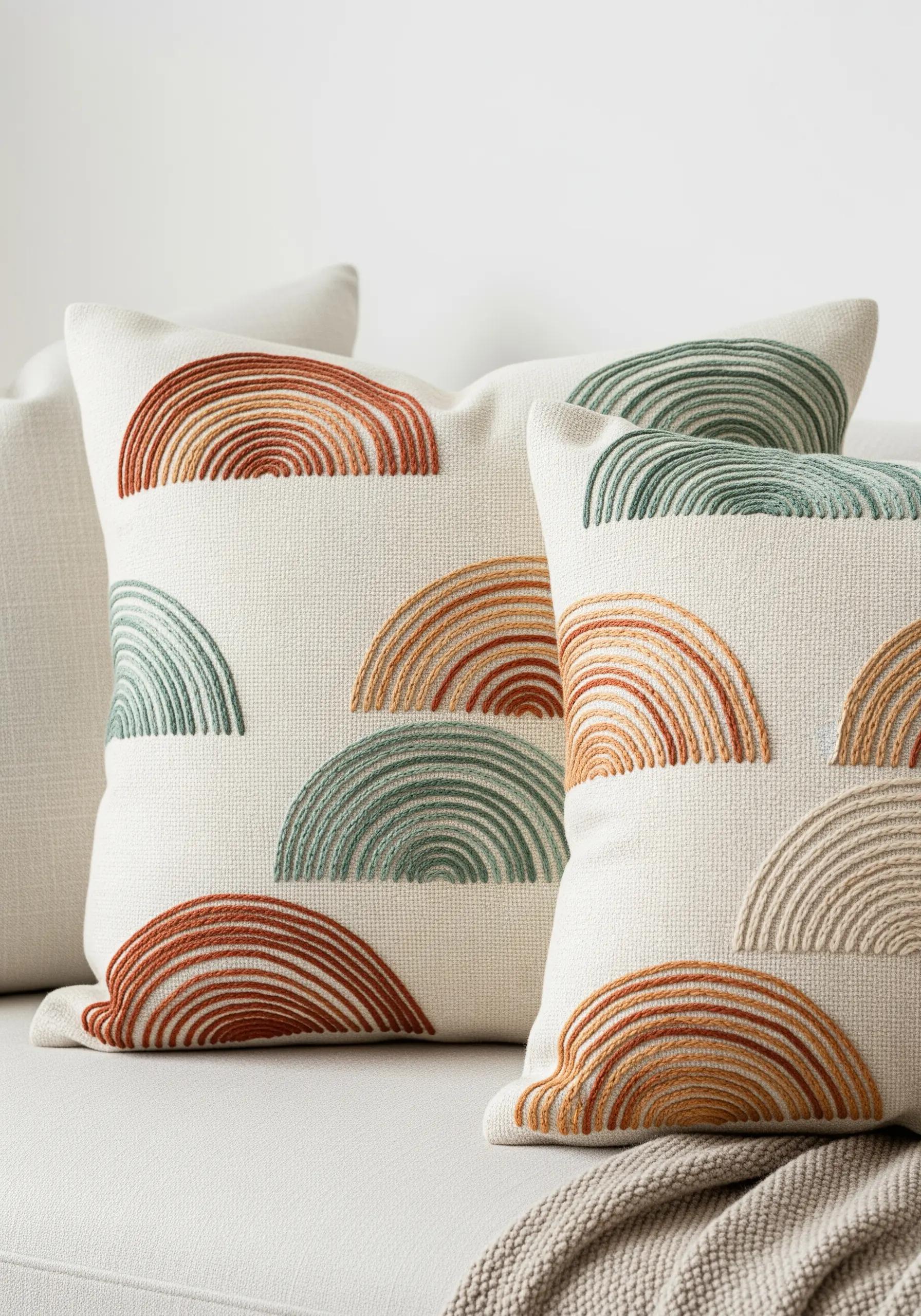 Pillows with a repeating pattern of satin-stitched arcs in earthy rust, sage, and sand tones.