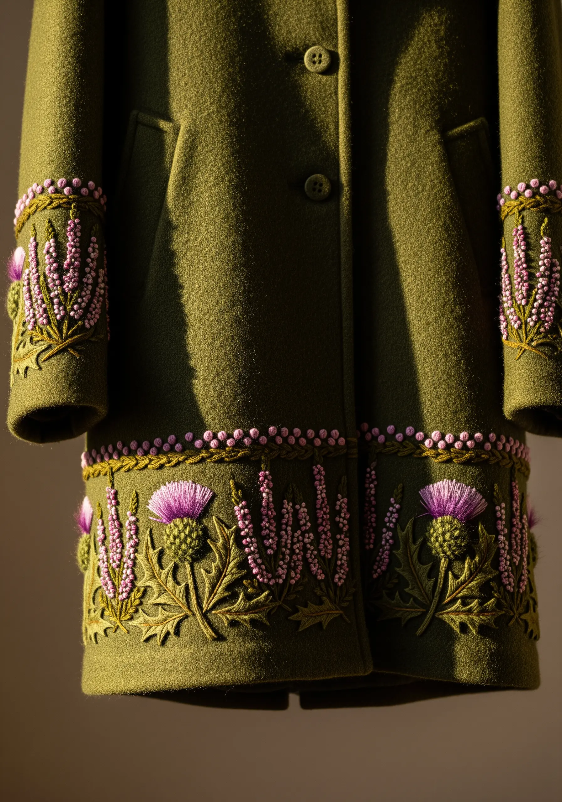 Textured thistle and heather embroidery on the hem and cuffs of an olive wool coat