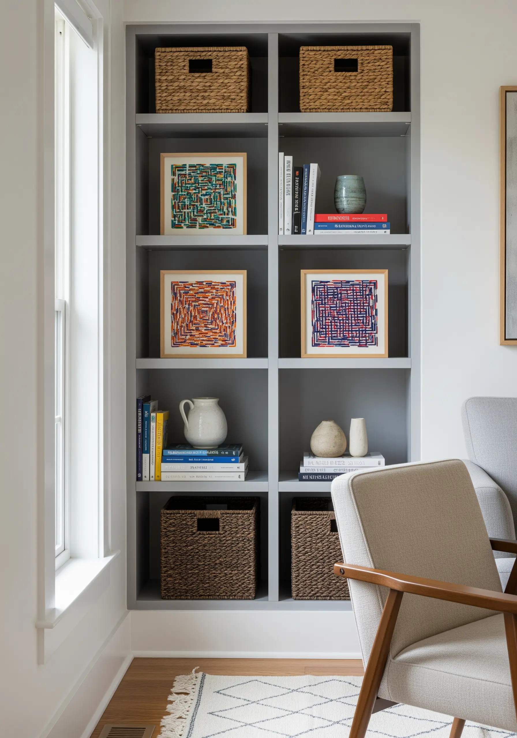 Three framed pieces with dense, woven-like textures in blocks of bright, contrasting colors.