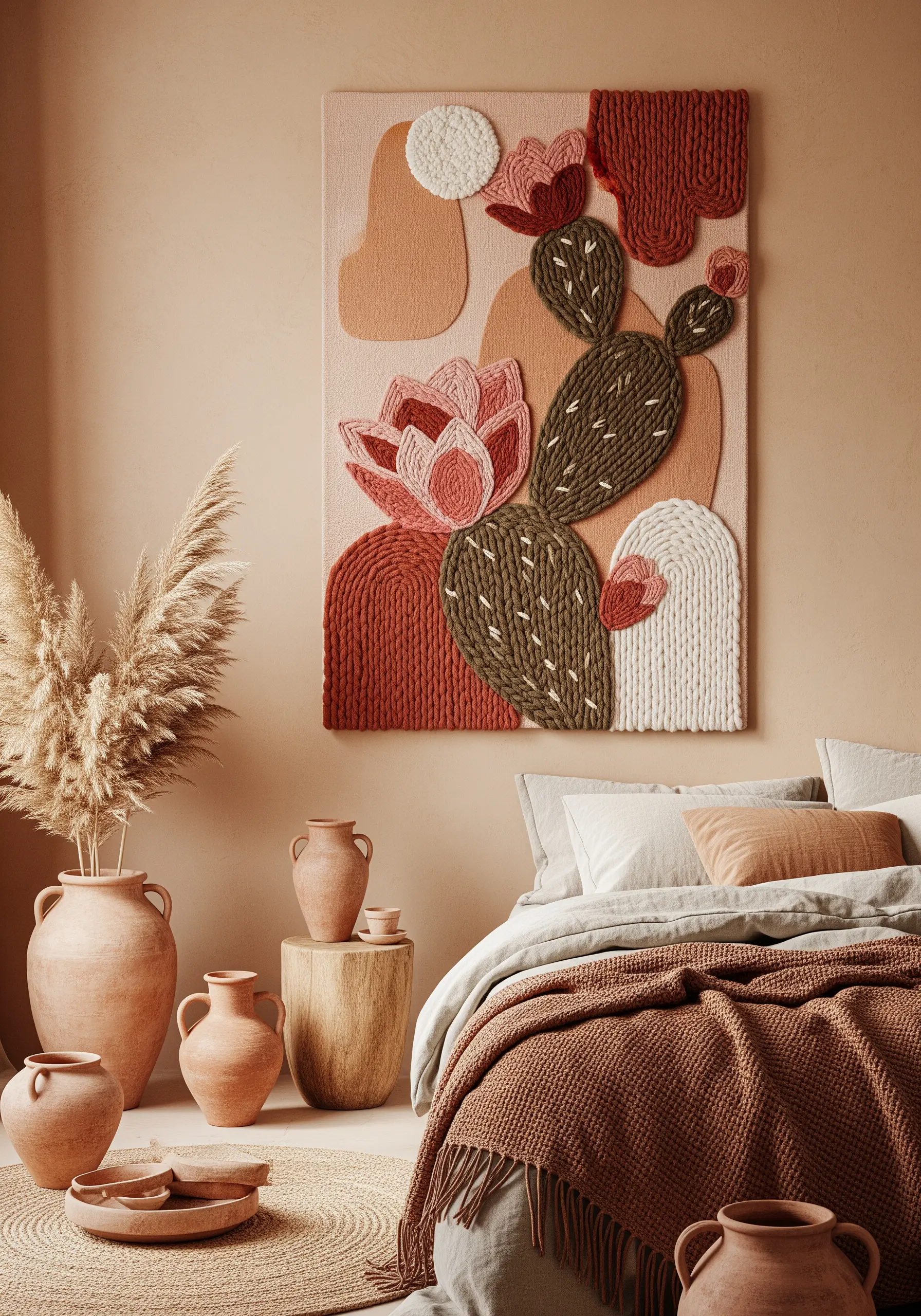 A large, textured wall art piece with punch needle and yarn cactus flowers.