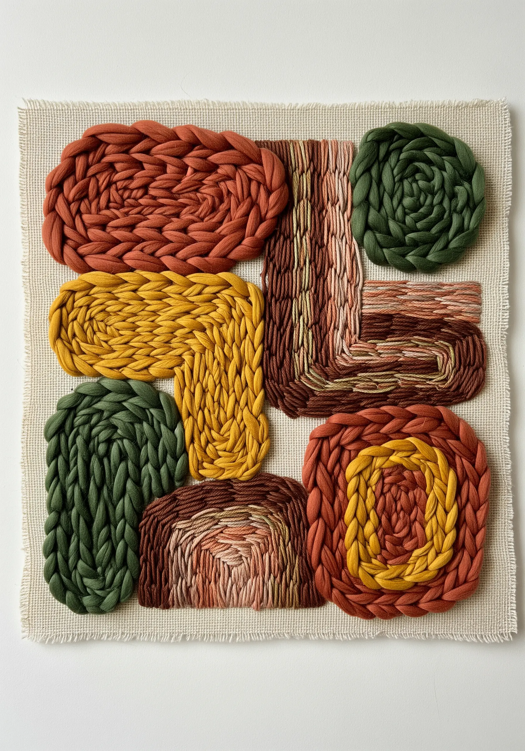 Abstract textile art with chunky, couched yarn in earth tones creating coiled shapes.