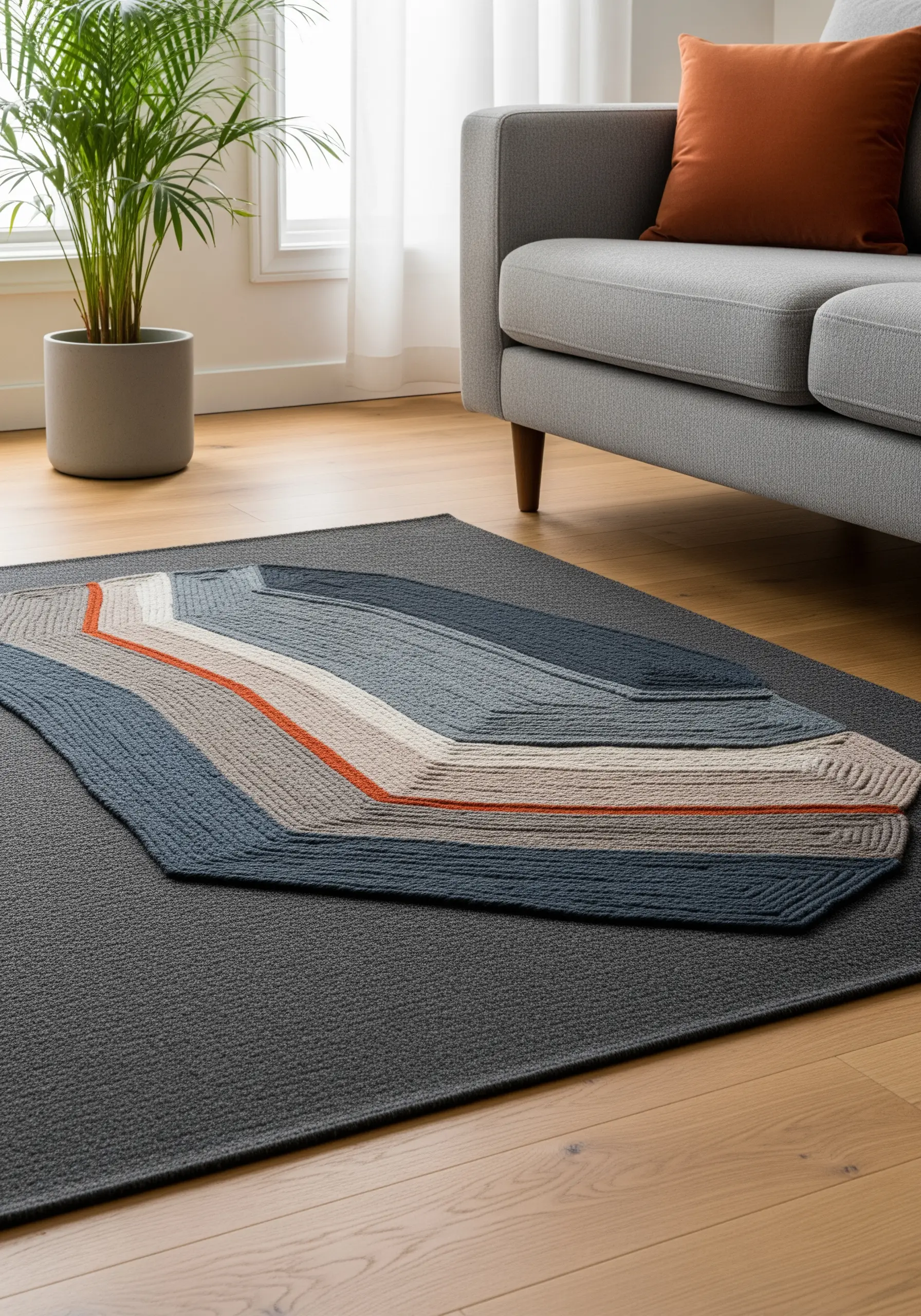 A fiber art piece with thick, colorful yarns couched onto a dark base to form abstract layers.