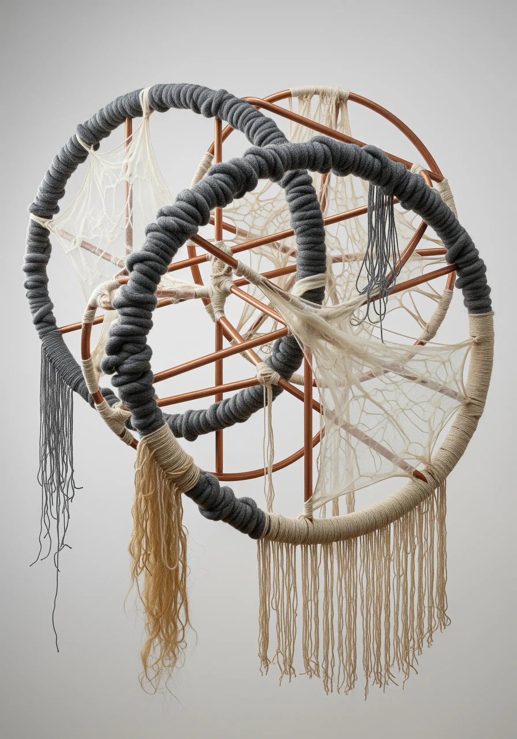 A 3D fiber sculpture made of interlocked copper hoops wrapped and woven with grey yarn.