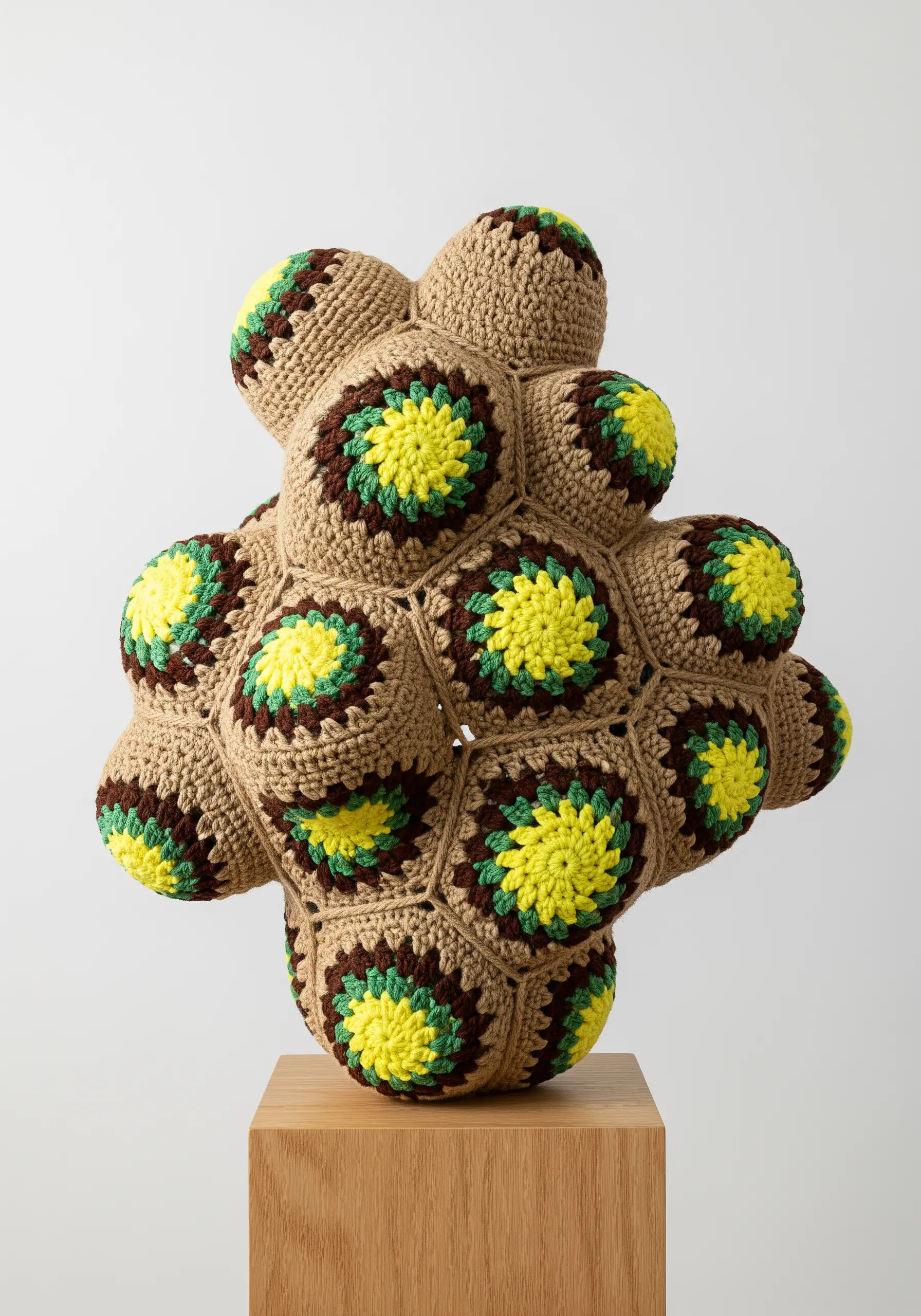 A 3D sculpture made from interconnected crocheted granny square-like modules.