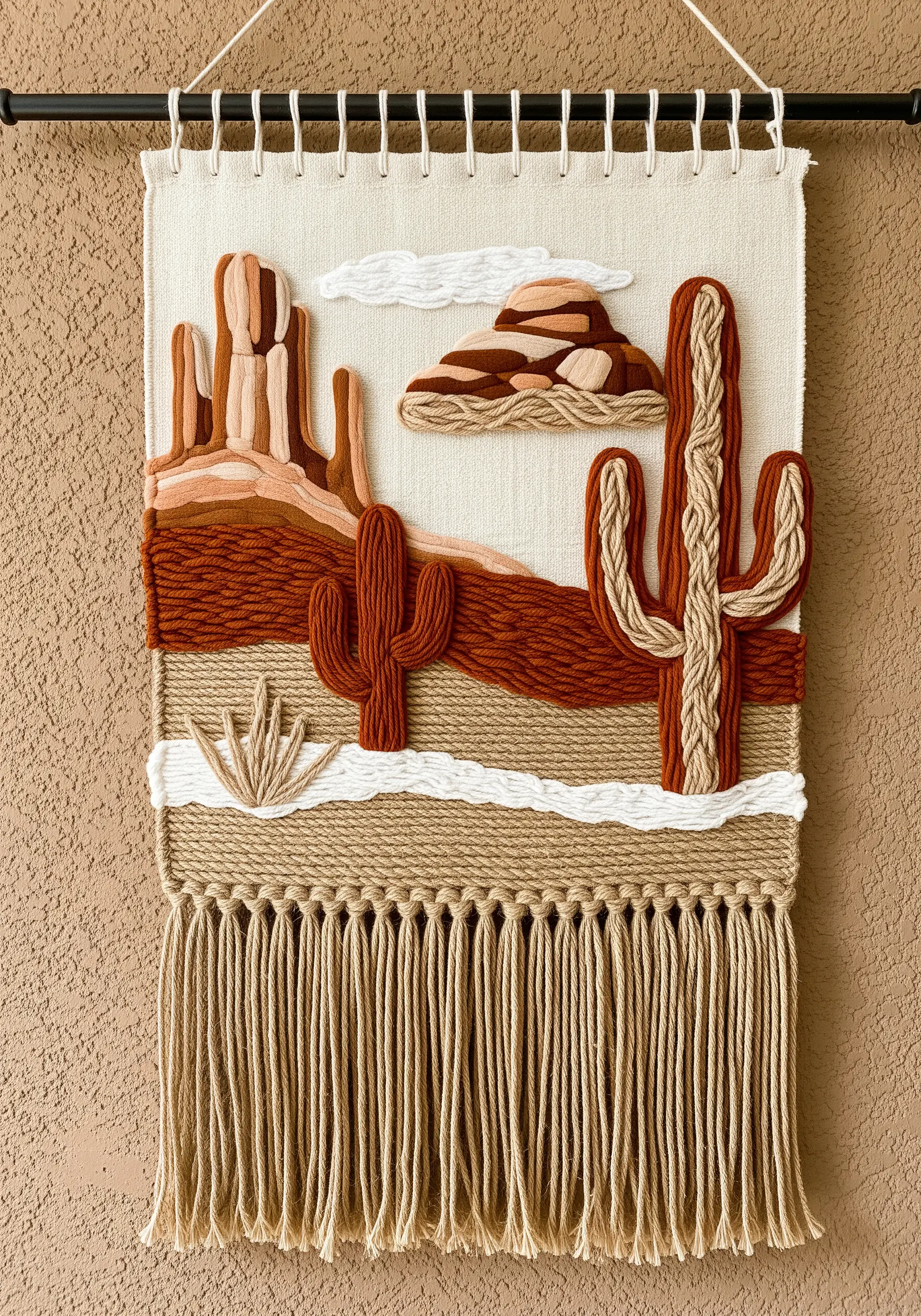 Woven wall tapestry depicting a desert scene with 3D cacti and rock formations.