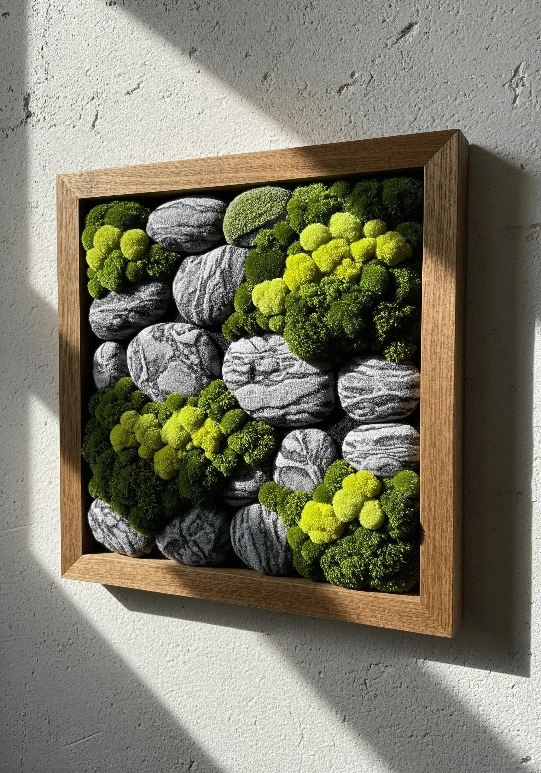 Framed 3D wall art featuring embroidered grey stones and dimensional, moss-like green textures.