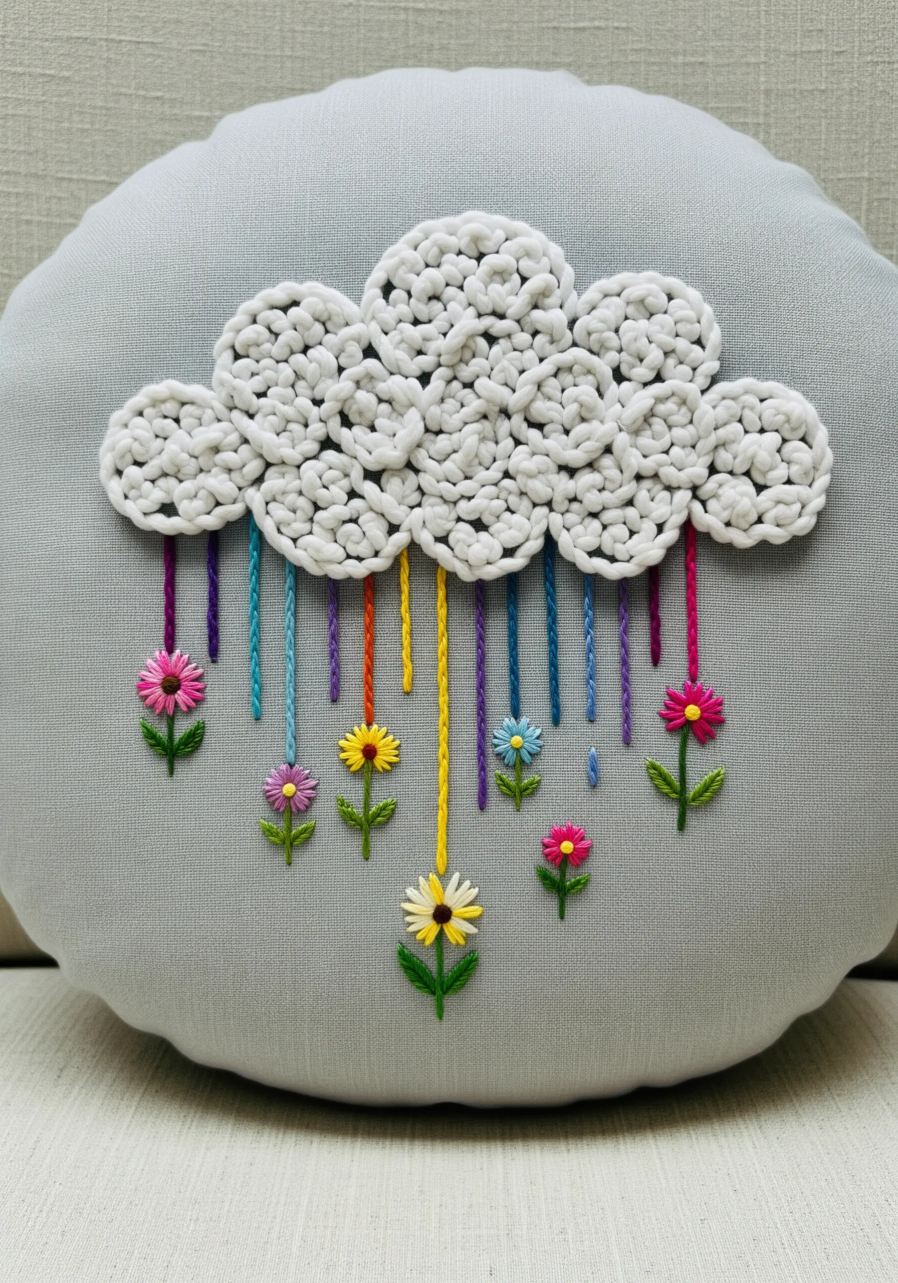 Textured cloud embroidered with French knots and colorful flower rainbow rain on a pillow.