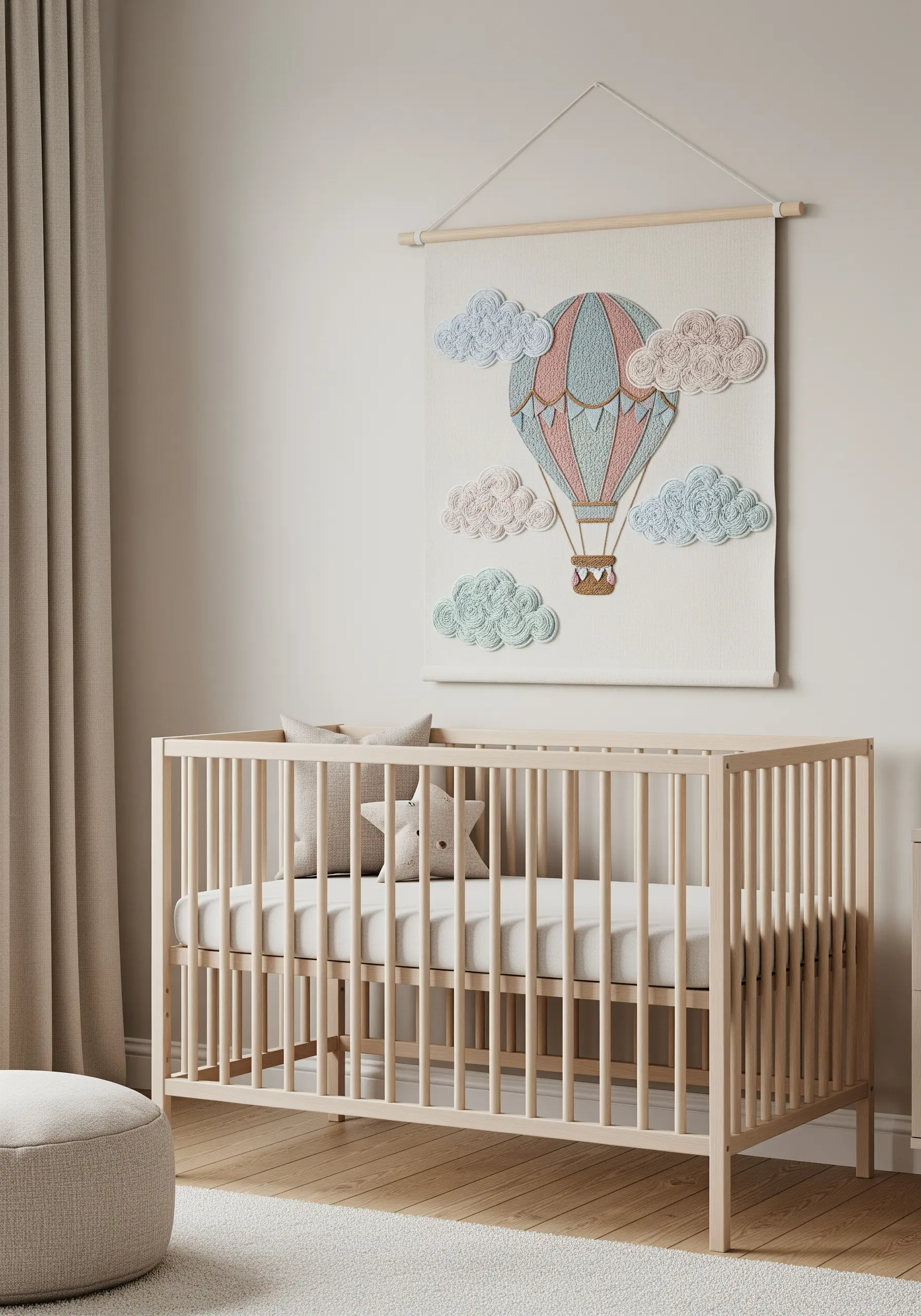 Nursery wall hanging with a hot air balloon and fluffy, textured embroidered clouds.