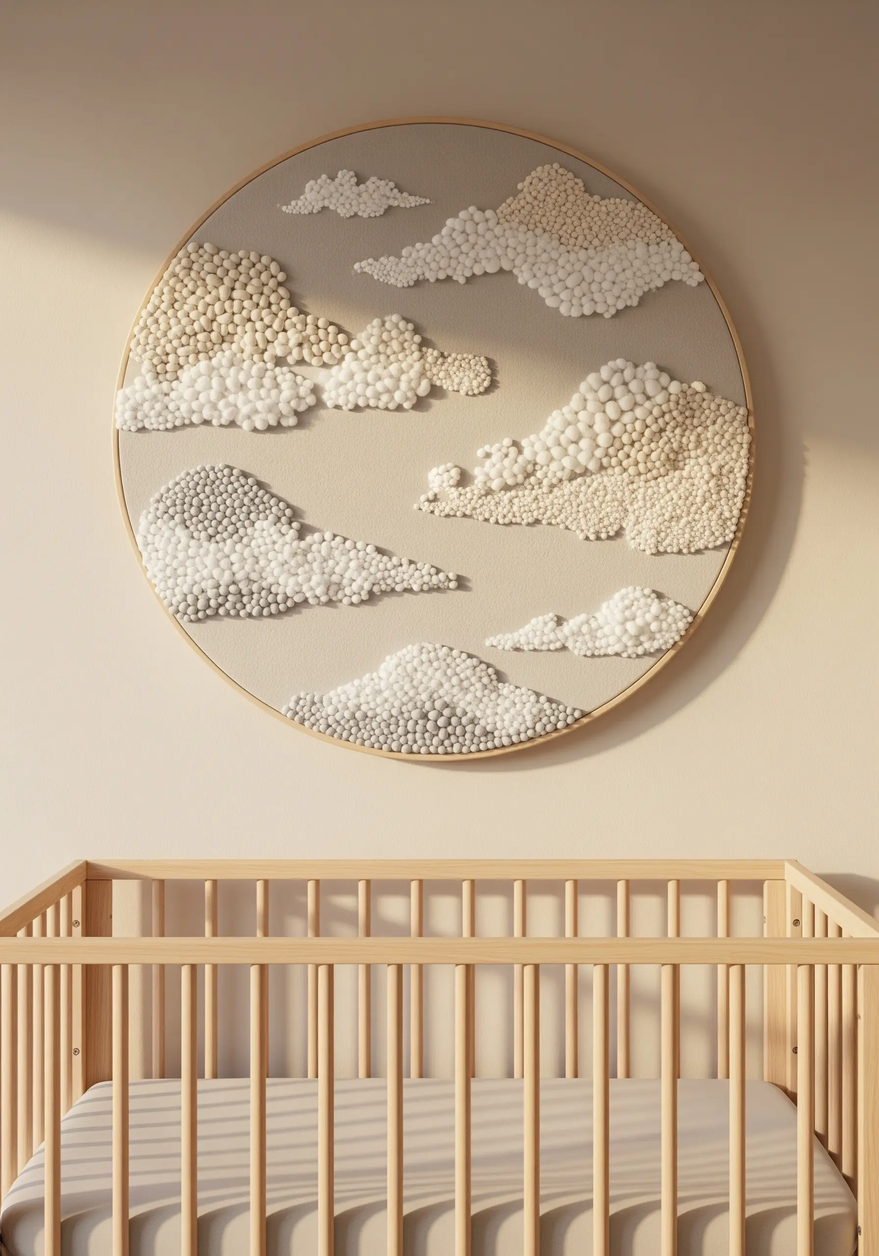 A large hoop with fluffy clouds made from French knots in white, cream, and grey.