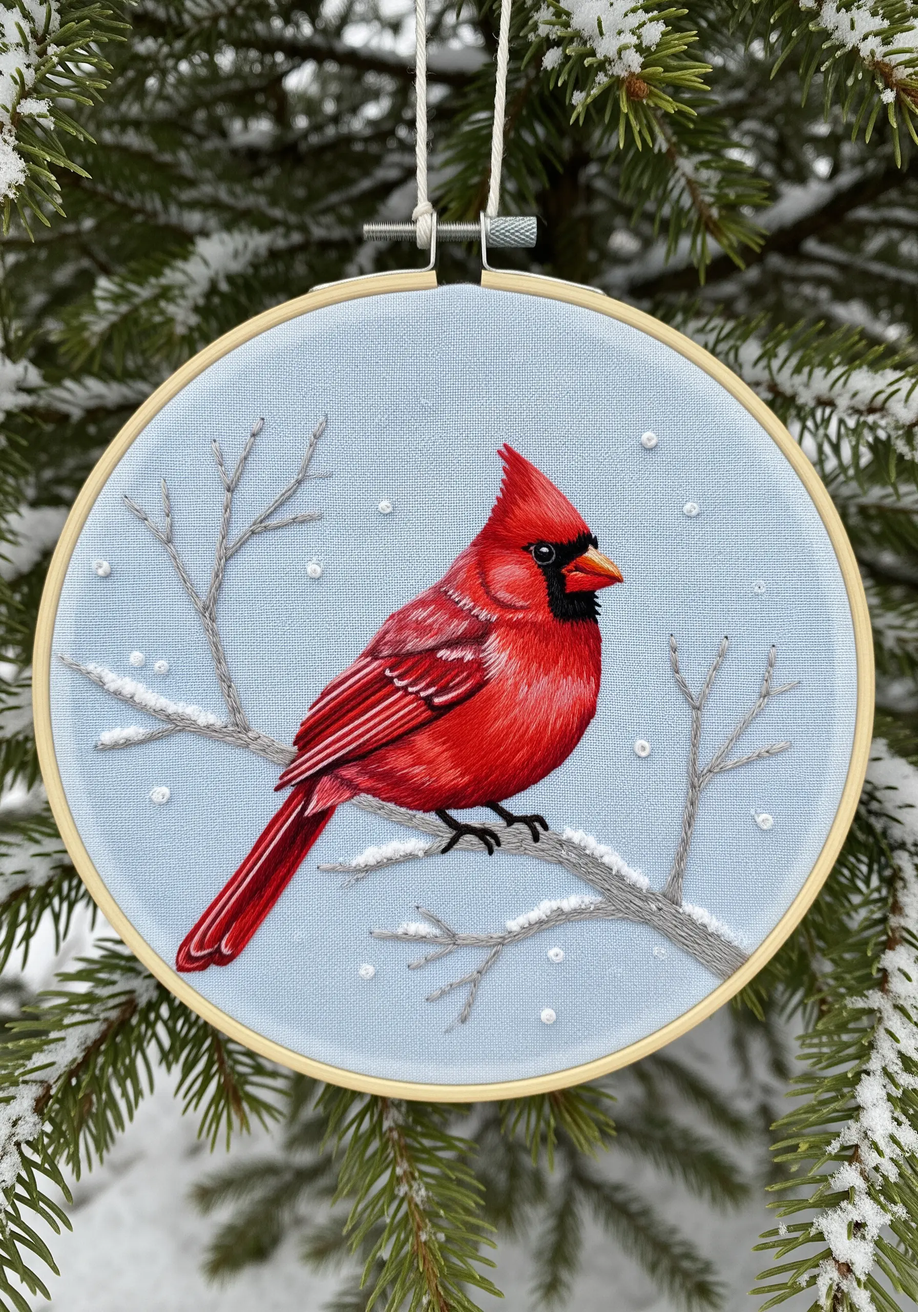 Embroidered red cardinal with soft, textured feathers on a snowy branch.