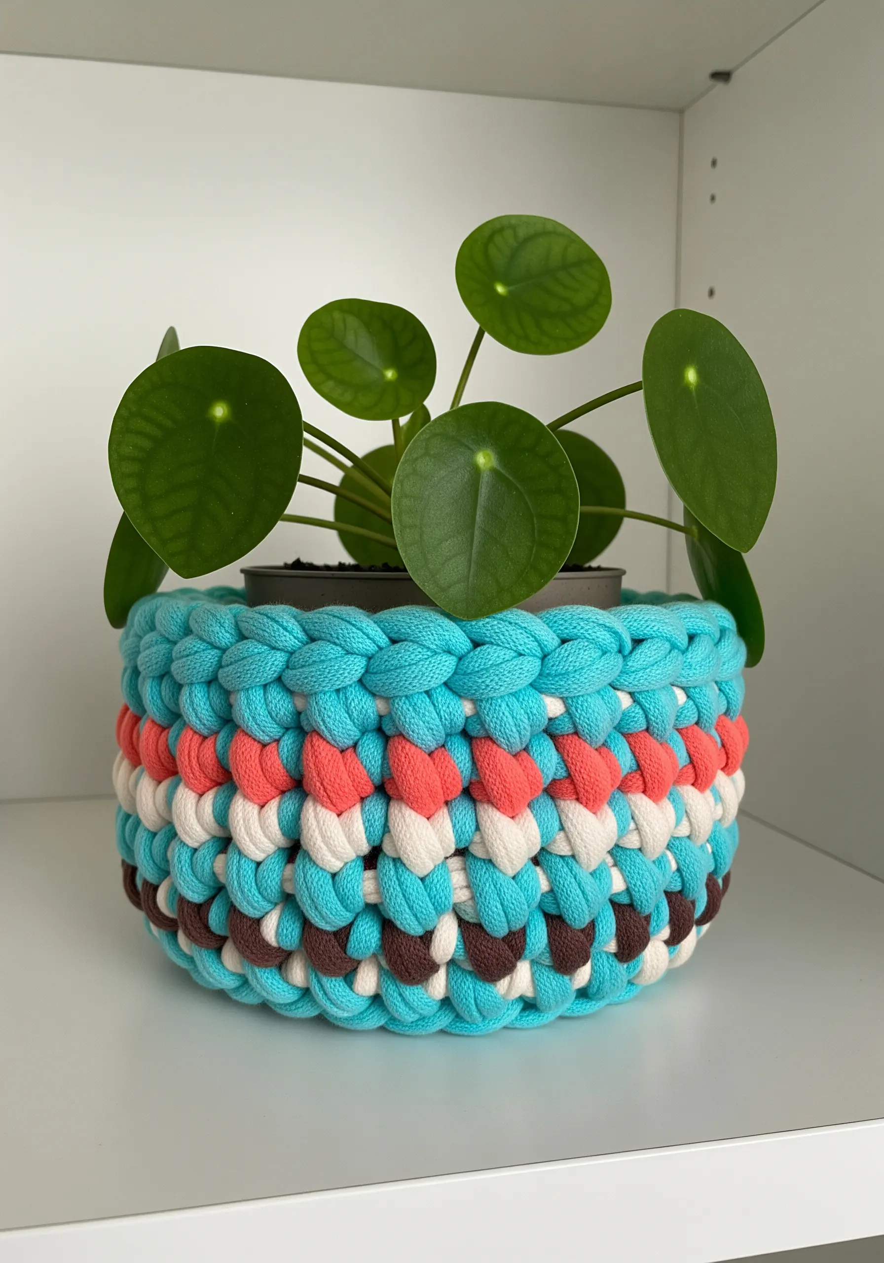A crocheted plant basket made with thick turquoise, coral, brown and white yarn in stripes.