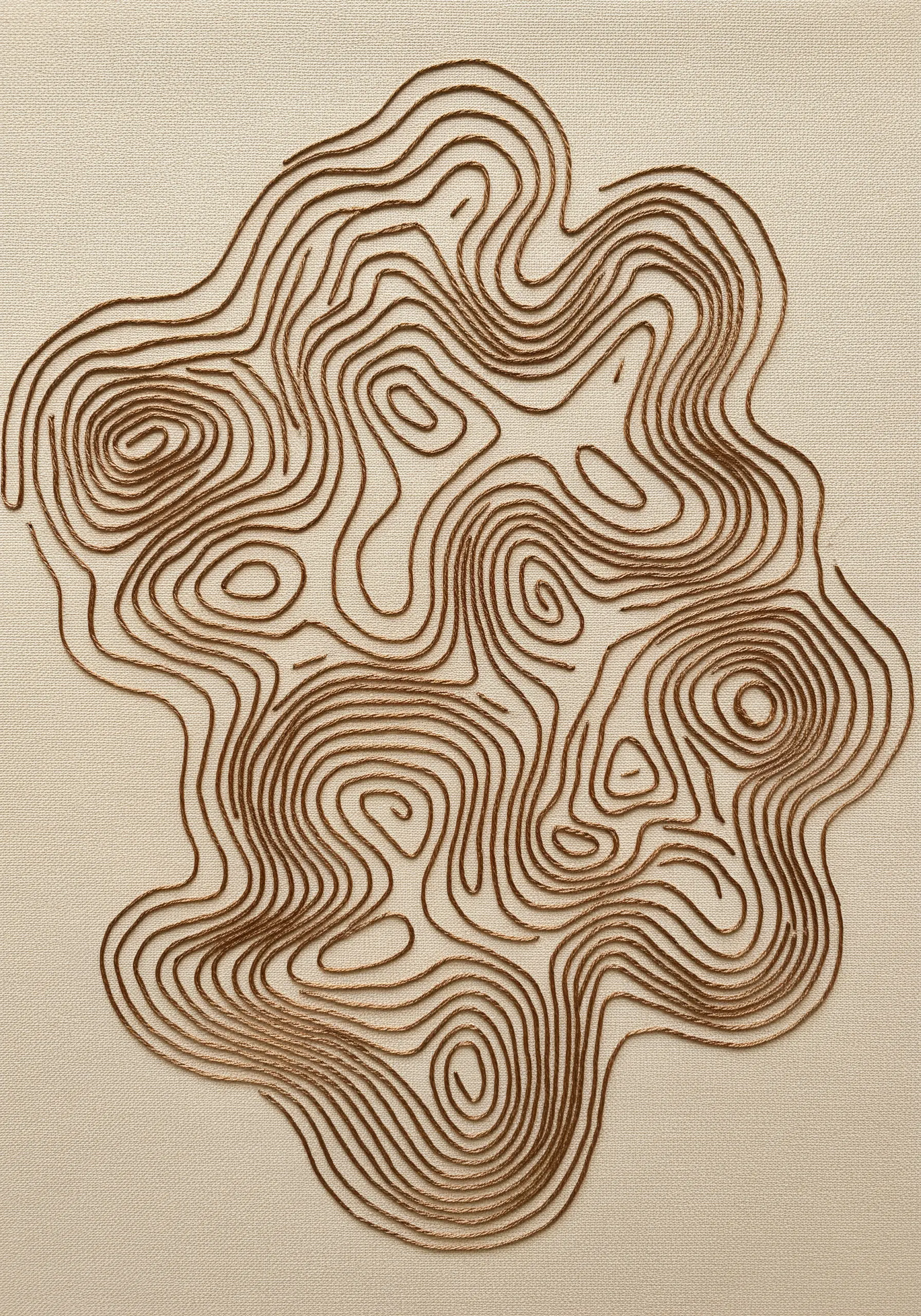 Abstract topographic map lines embroidered with thick brown thread on beige canvas.