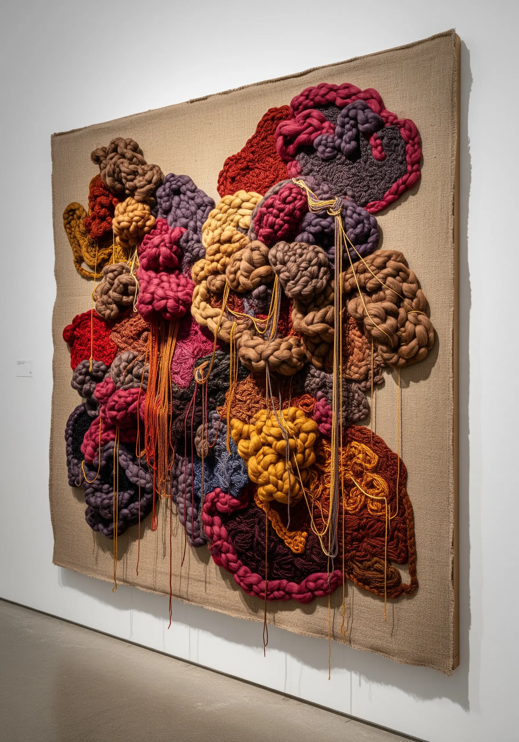 Large-scale abstract fiber art with chunky yarn and roving on a burlap canvas.
