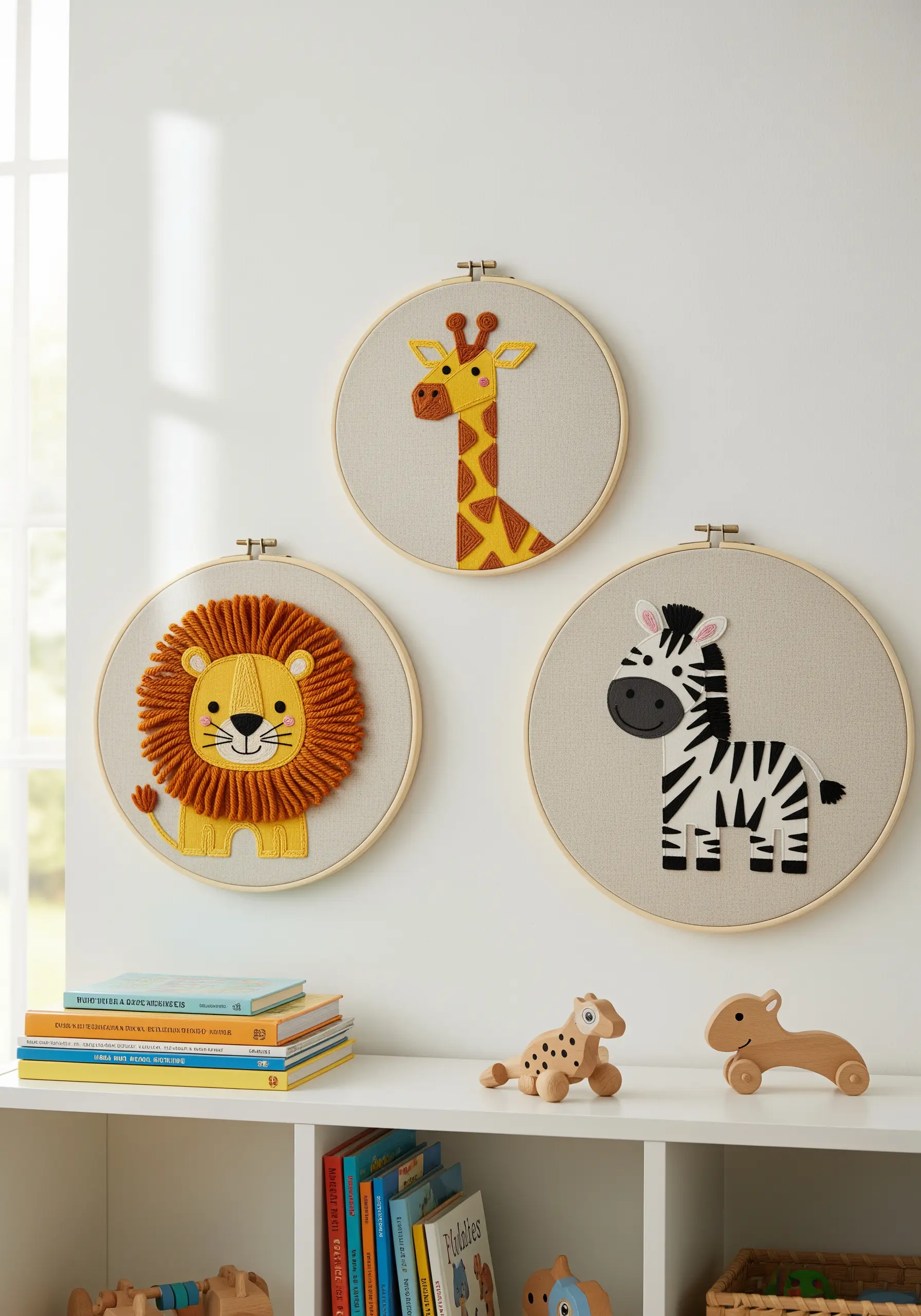 Hoop art trio of a felt giraffe, a yarn-maned lion, and a felt zebra on a nursery wall.