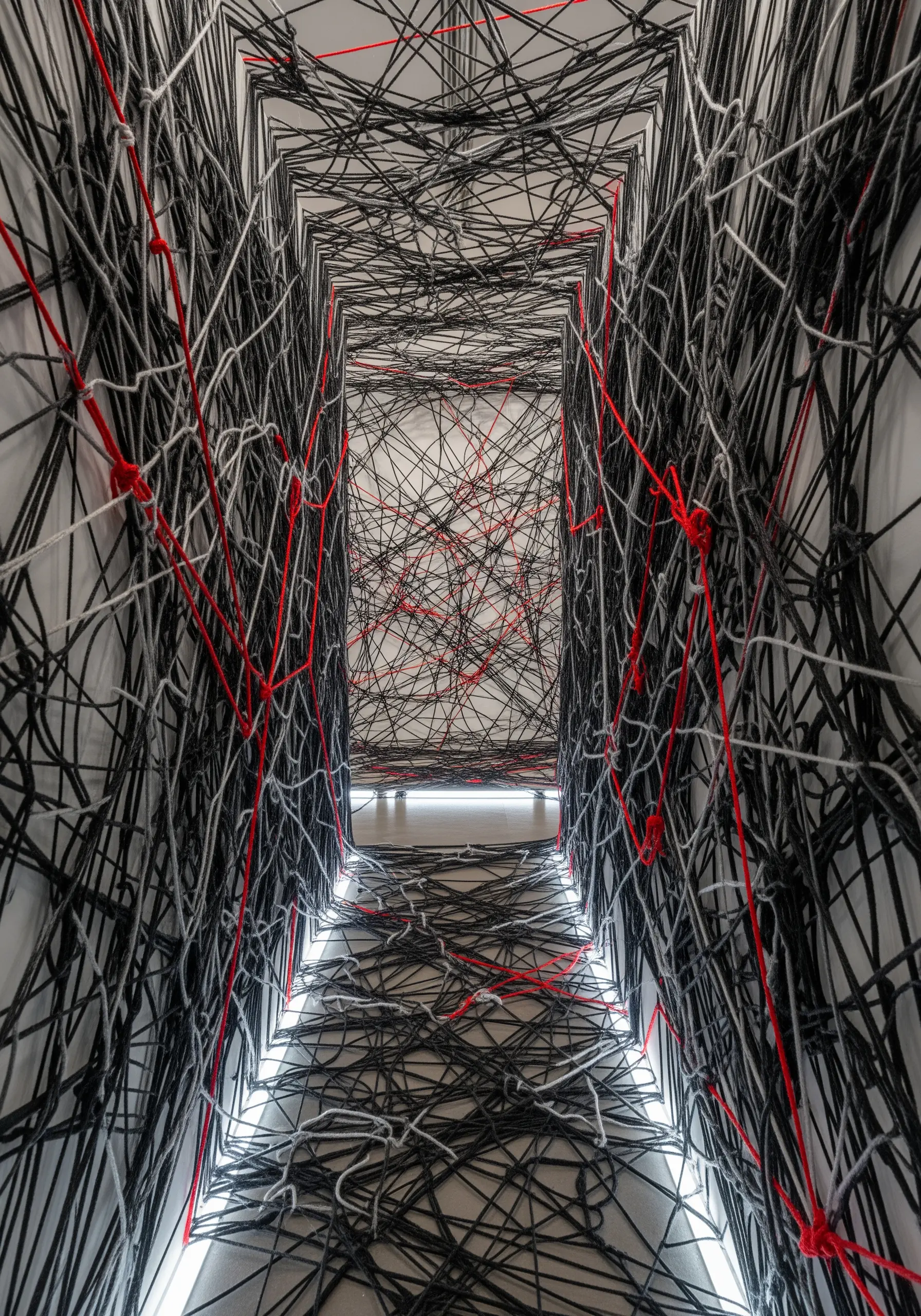 A corridor-like space filled with a dense, chaotic web of black, white, and red threads.
