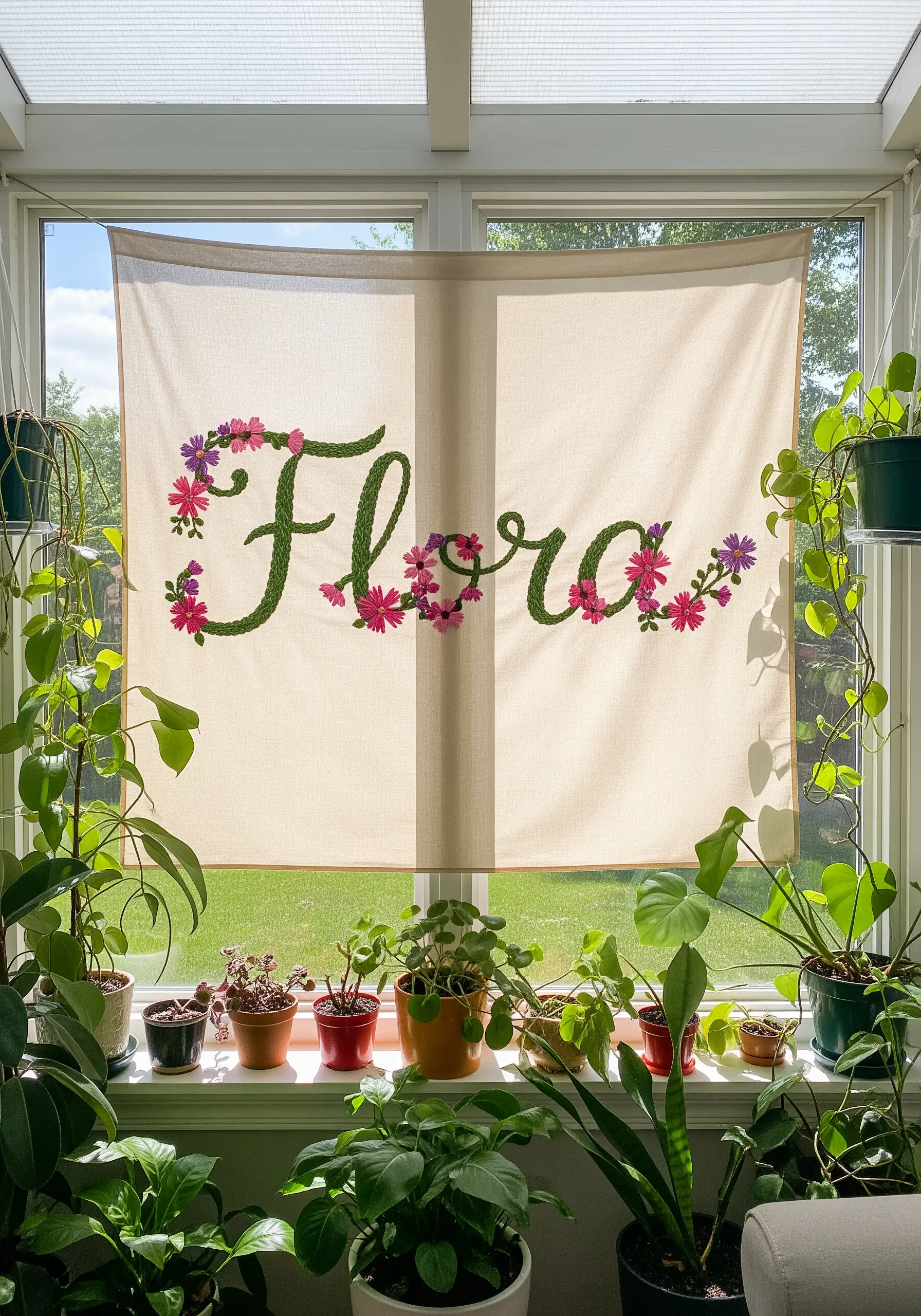 The name 'Flora' embroidered with green French knots and surrounded by colorful flowers.