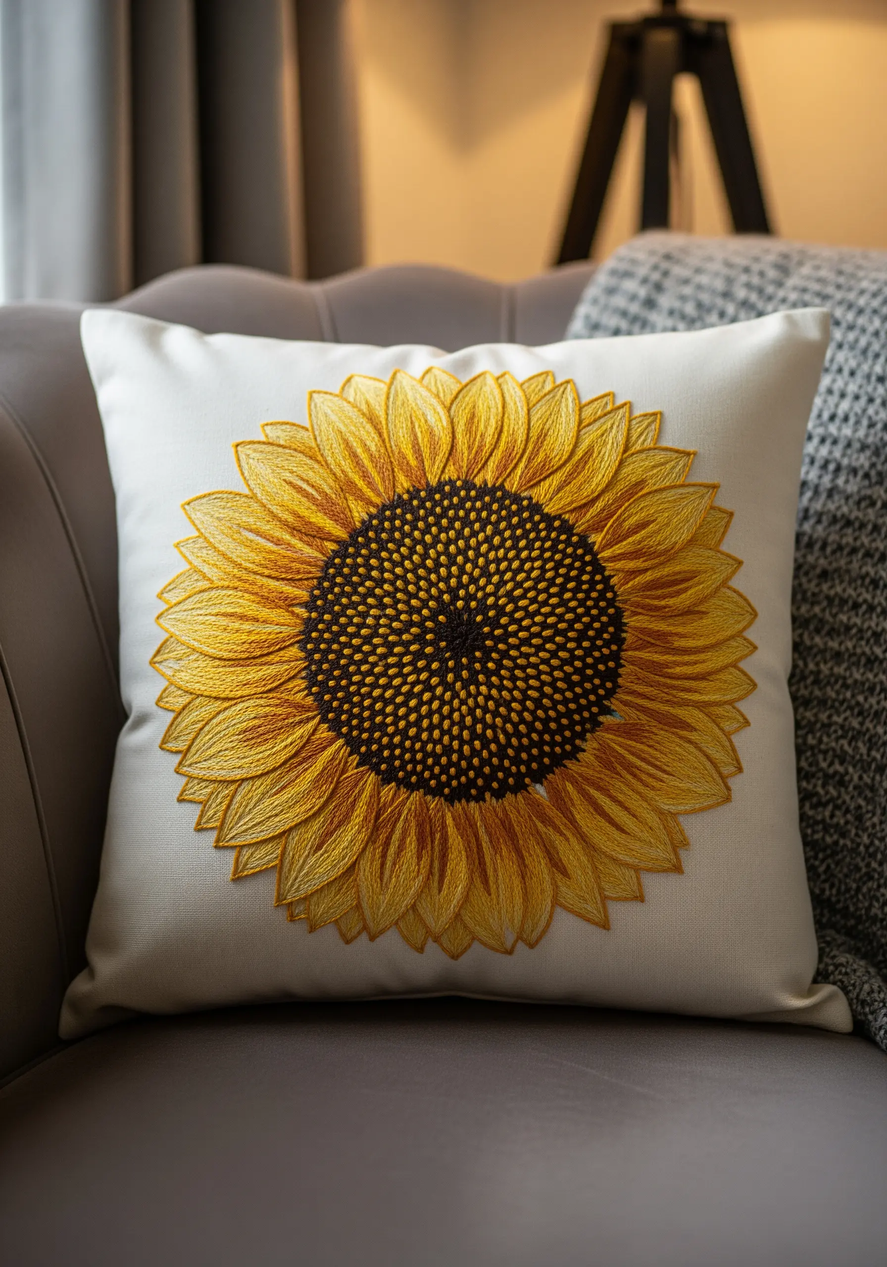 A large, detailed embroidered sunflower with a textured center on a cream-colored cushion.