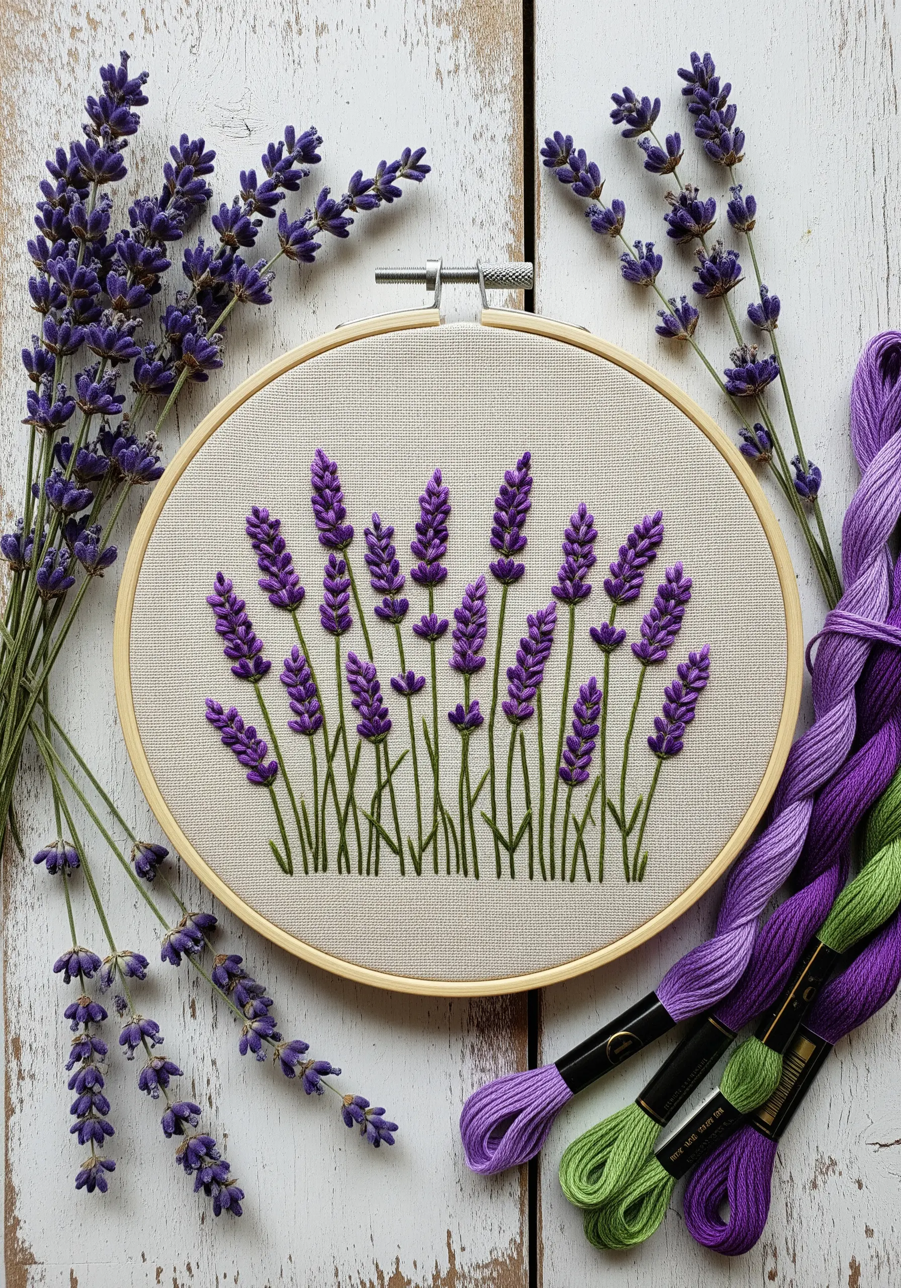 Embroidered lavender sprigs with textured purple florets on a neutral linen background.