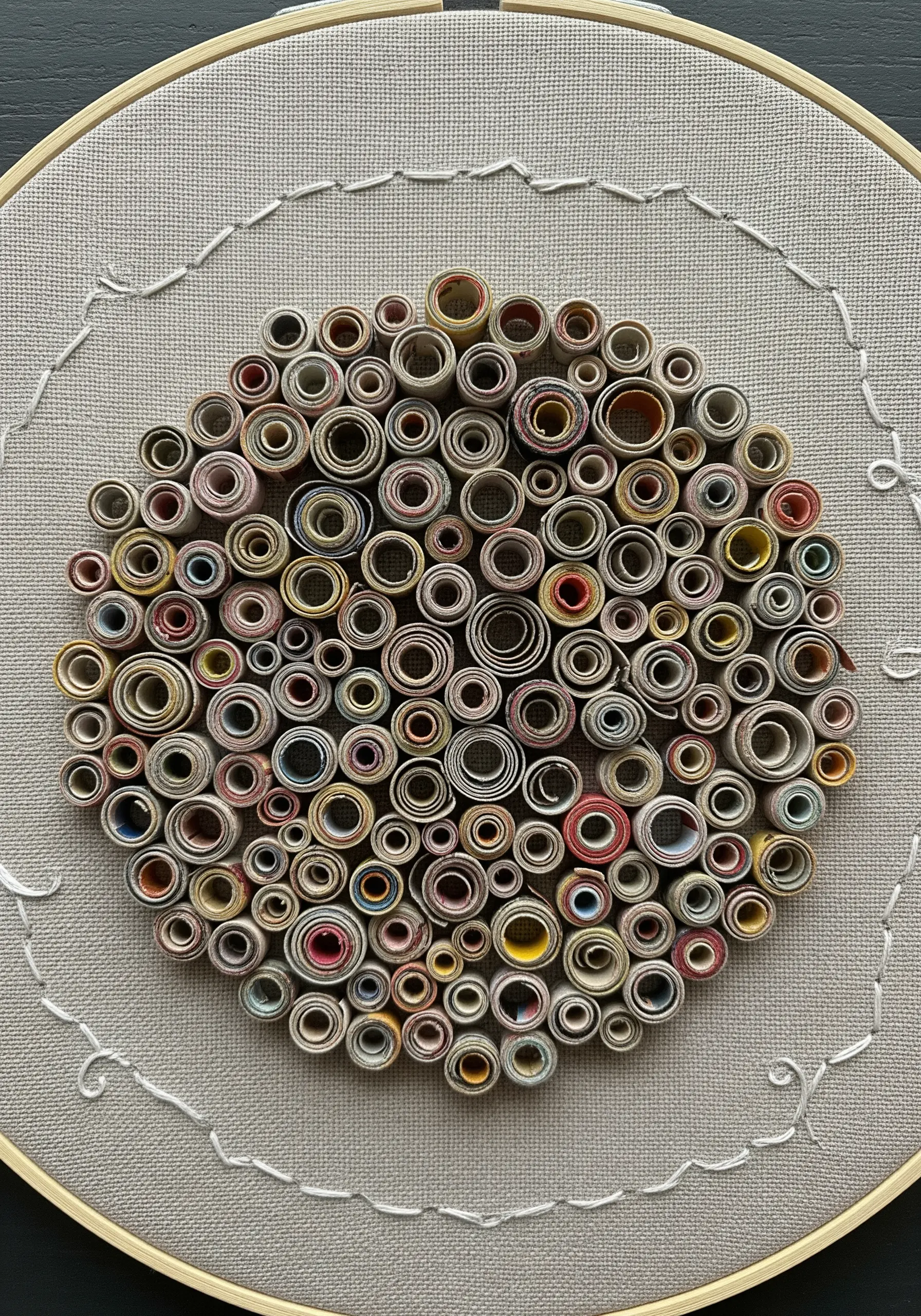 A central mosaic of rolled magazine paper tubes, framed by a simple white stitched circle.