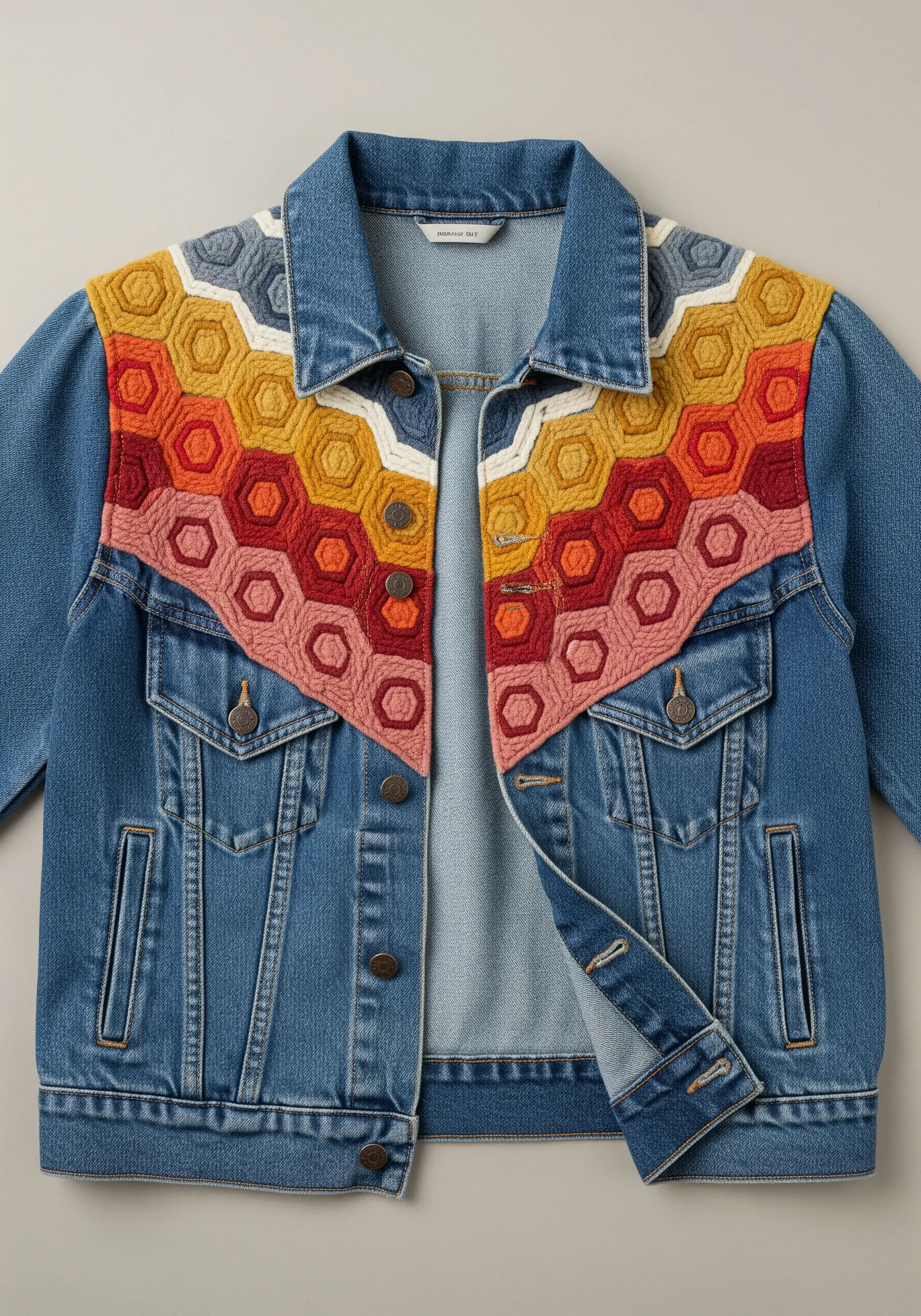 A denim jacket yoke covered in a textured, padded honeycomb pattern in a warm-toned gradient.