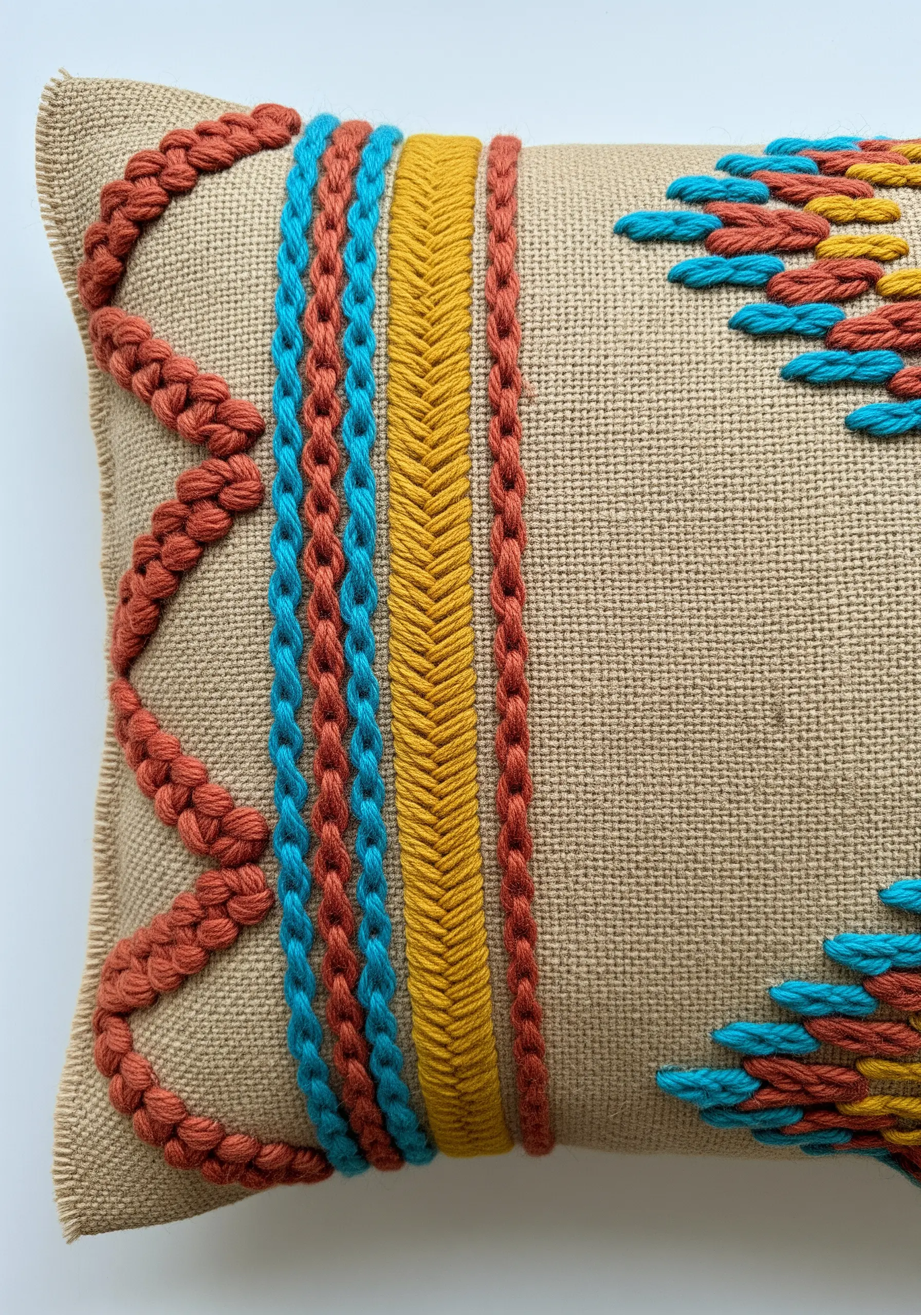 A highly textured border using chunky braided stitches and chain stitches in bold colors