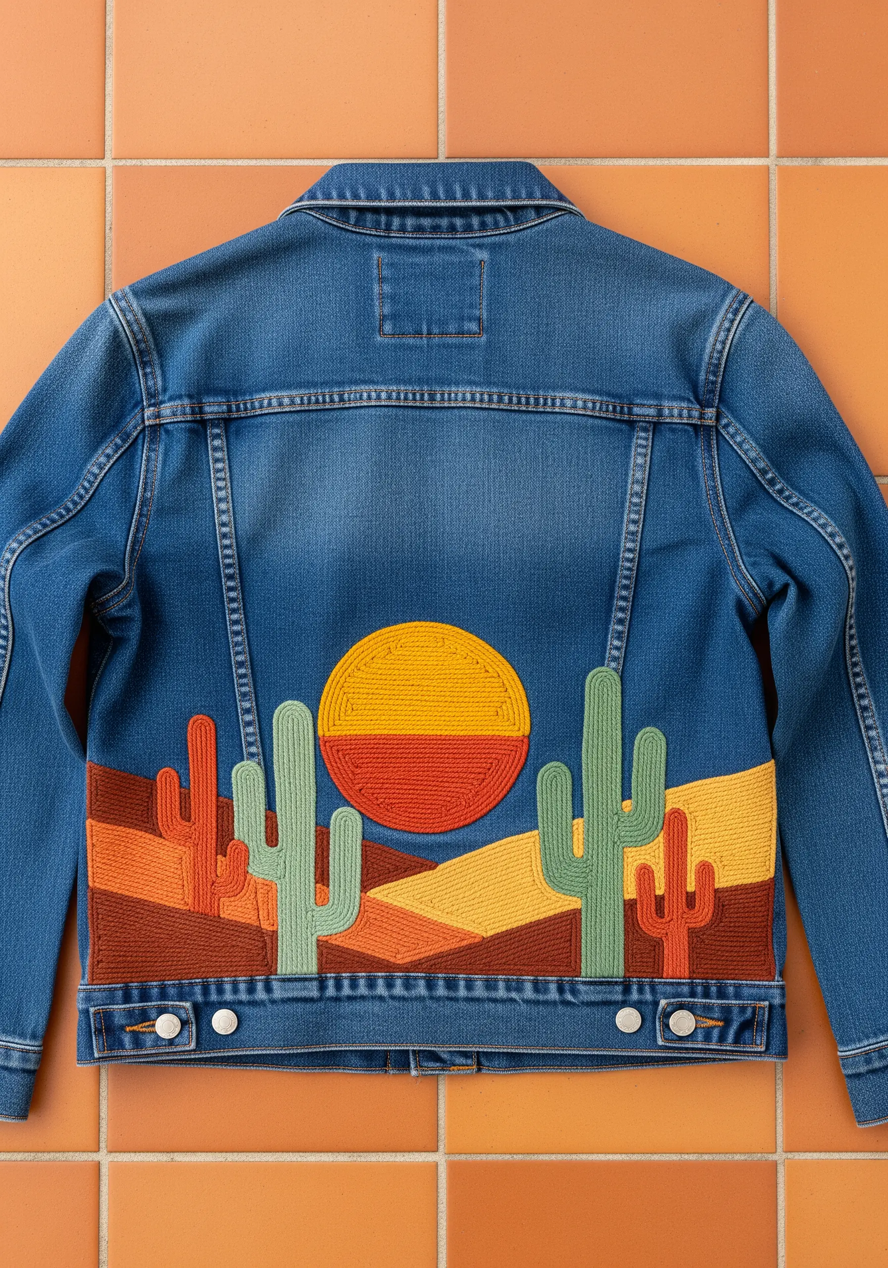 Textured desert landscape with couched yarn for the sun, hills, and cacti.