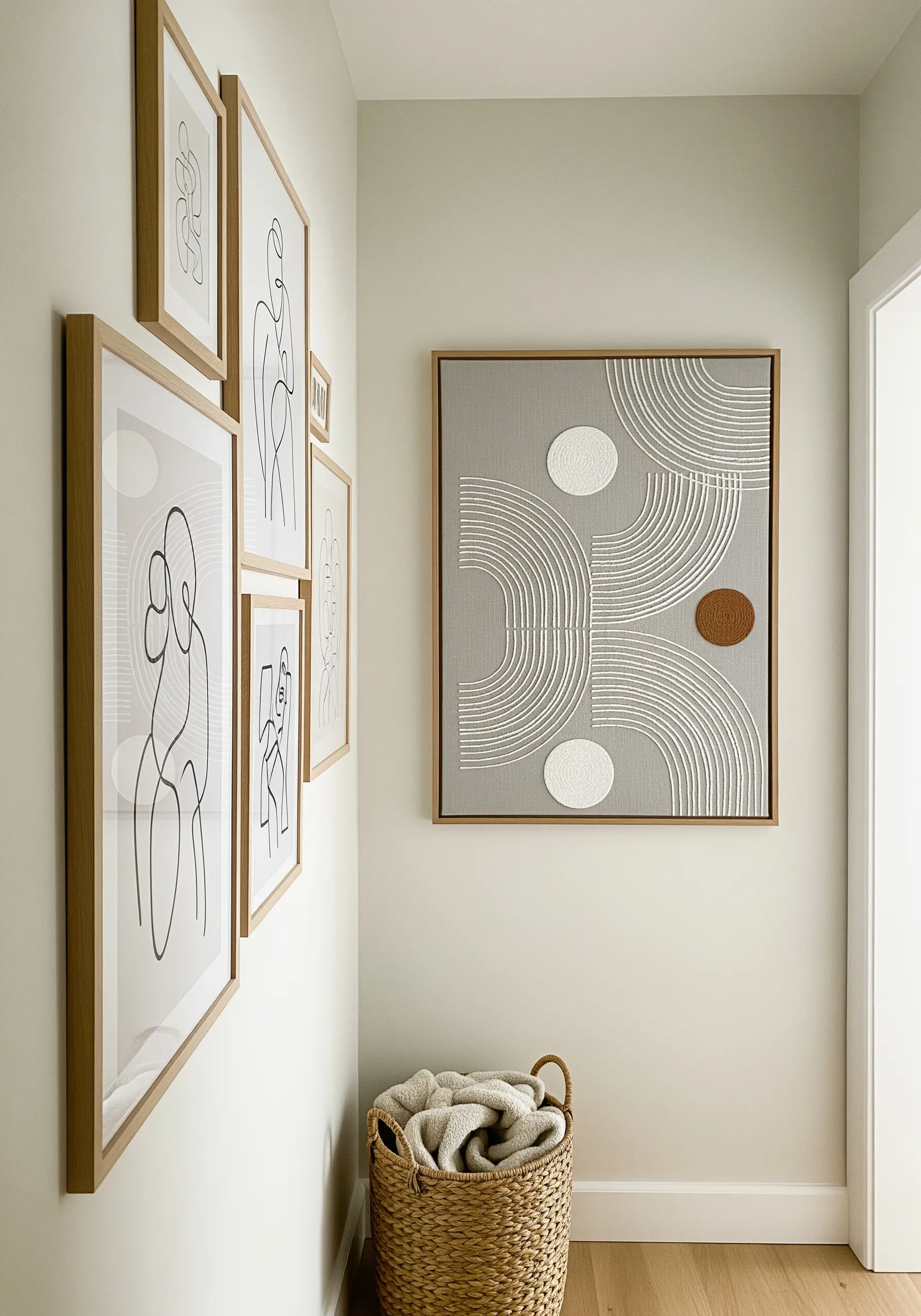 Large framed abstract embroidery with white concentric arcs and circles on a gray background.