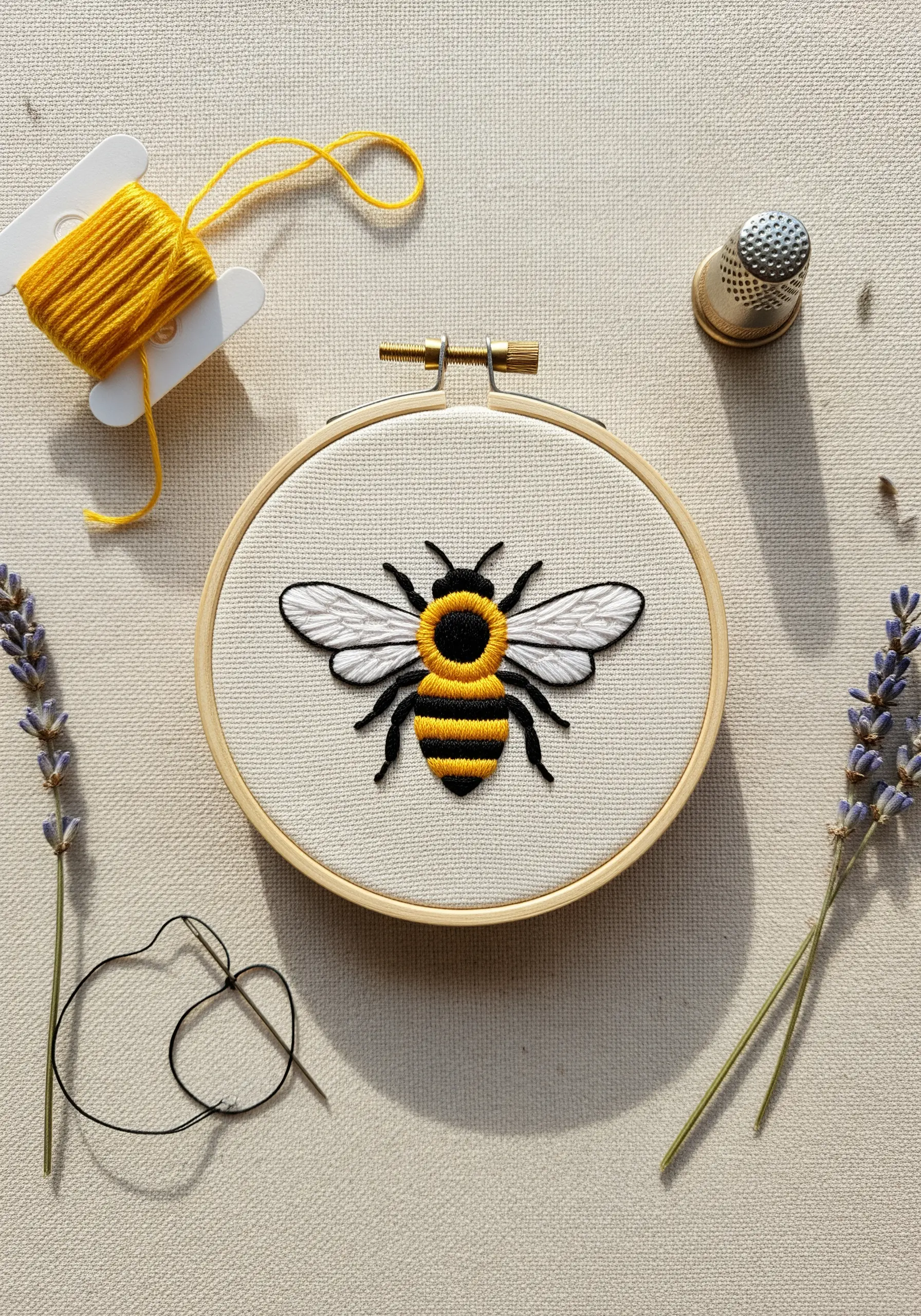 A detailed embroidered bee with yellow and black stripes and white wings.