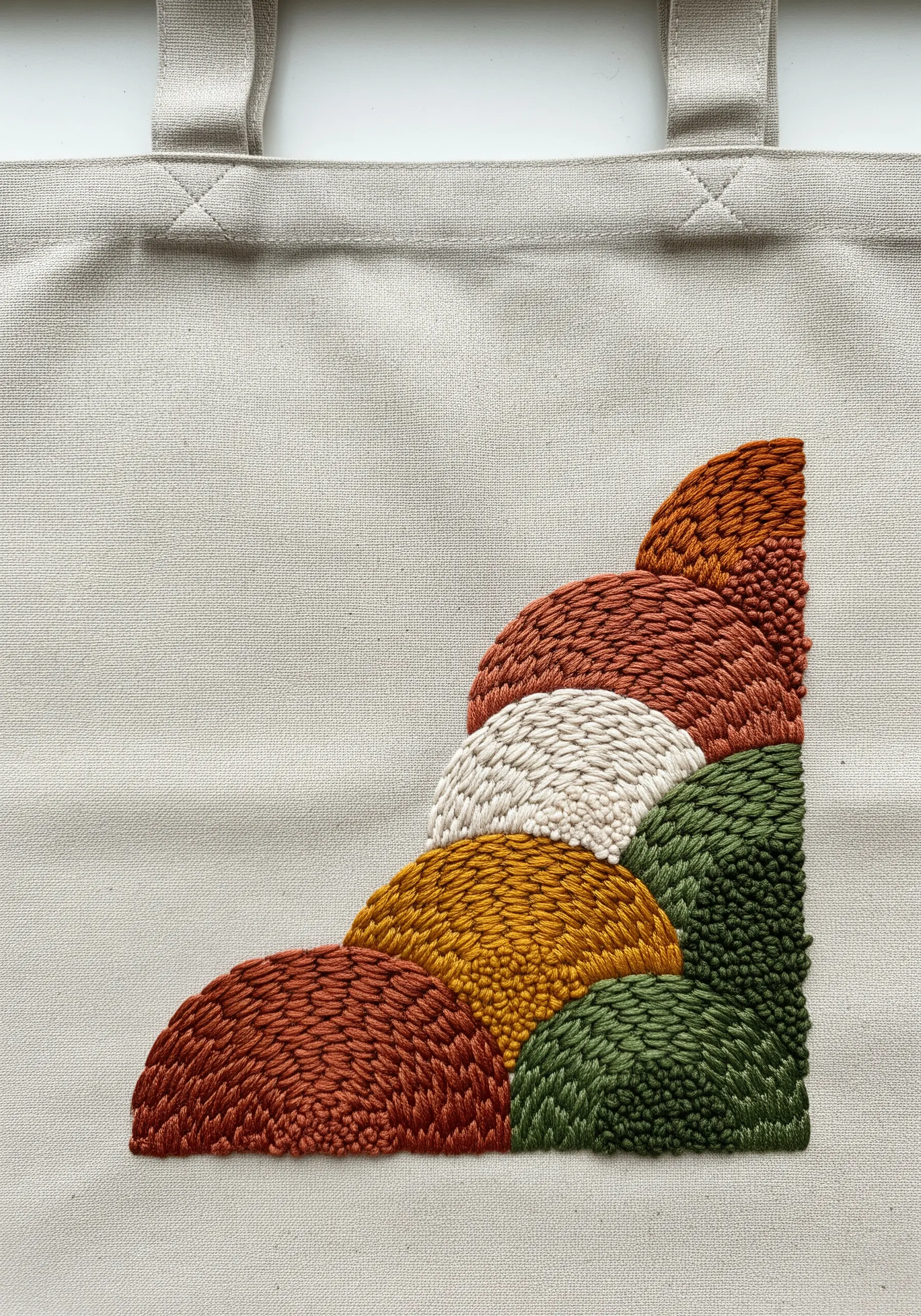 Overlapping scalloped shapes in earth tones stitched onto a canvas tote bag corner.