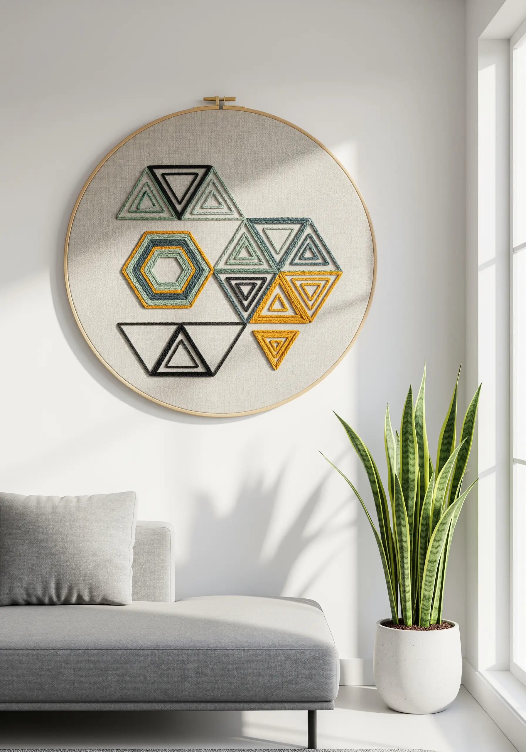 Geometric hoop art with wrapped thread in hexagons and triangles in green, gold, and black.