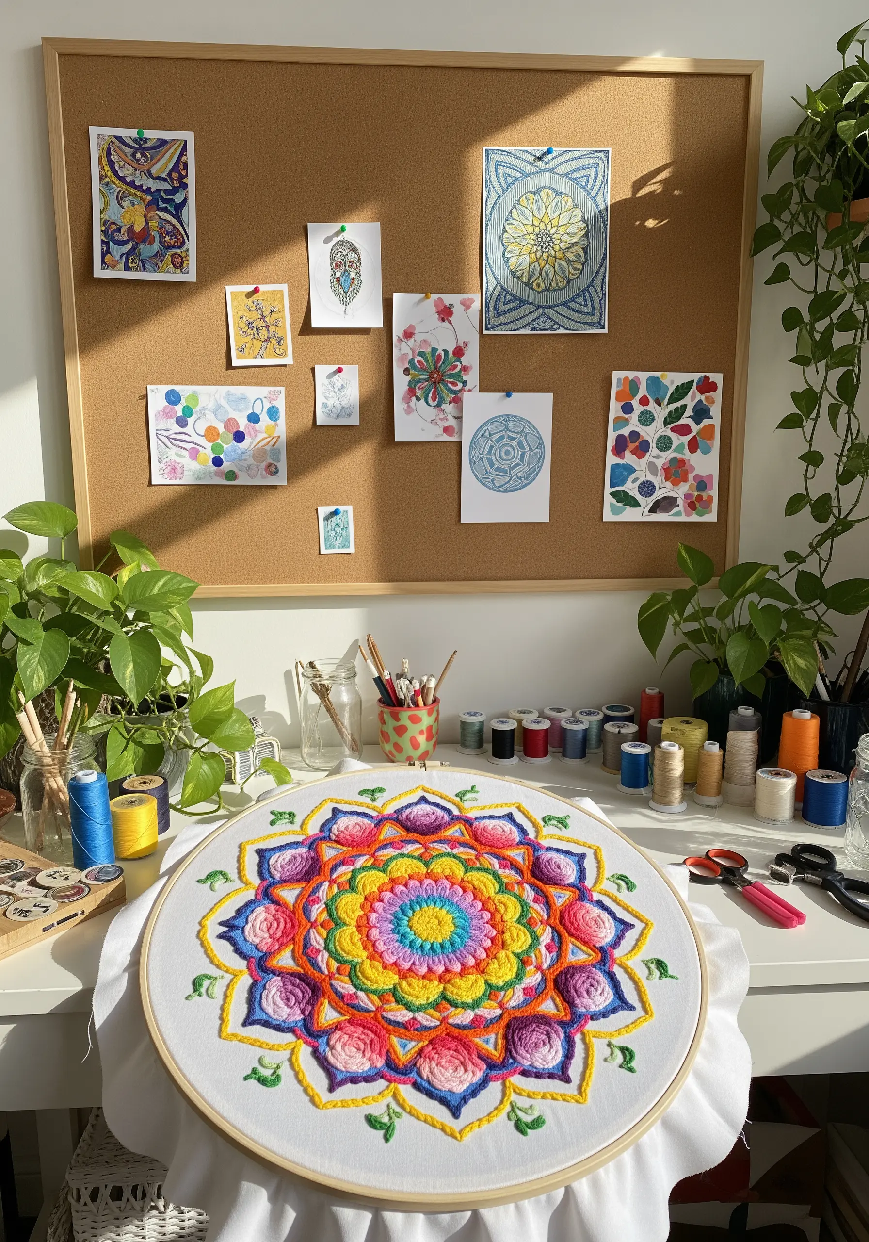 A brightly colored, heavily textured mandala in a hoop, with layered satin stitches.