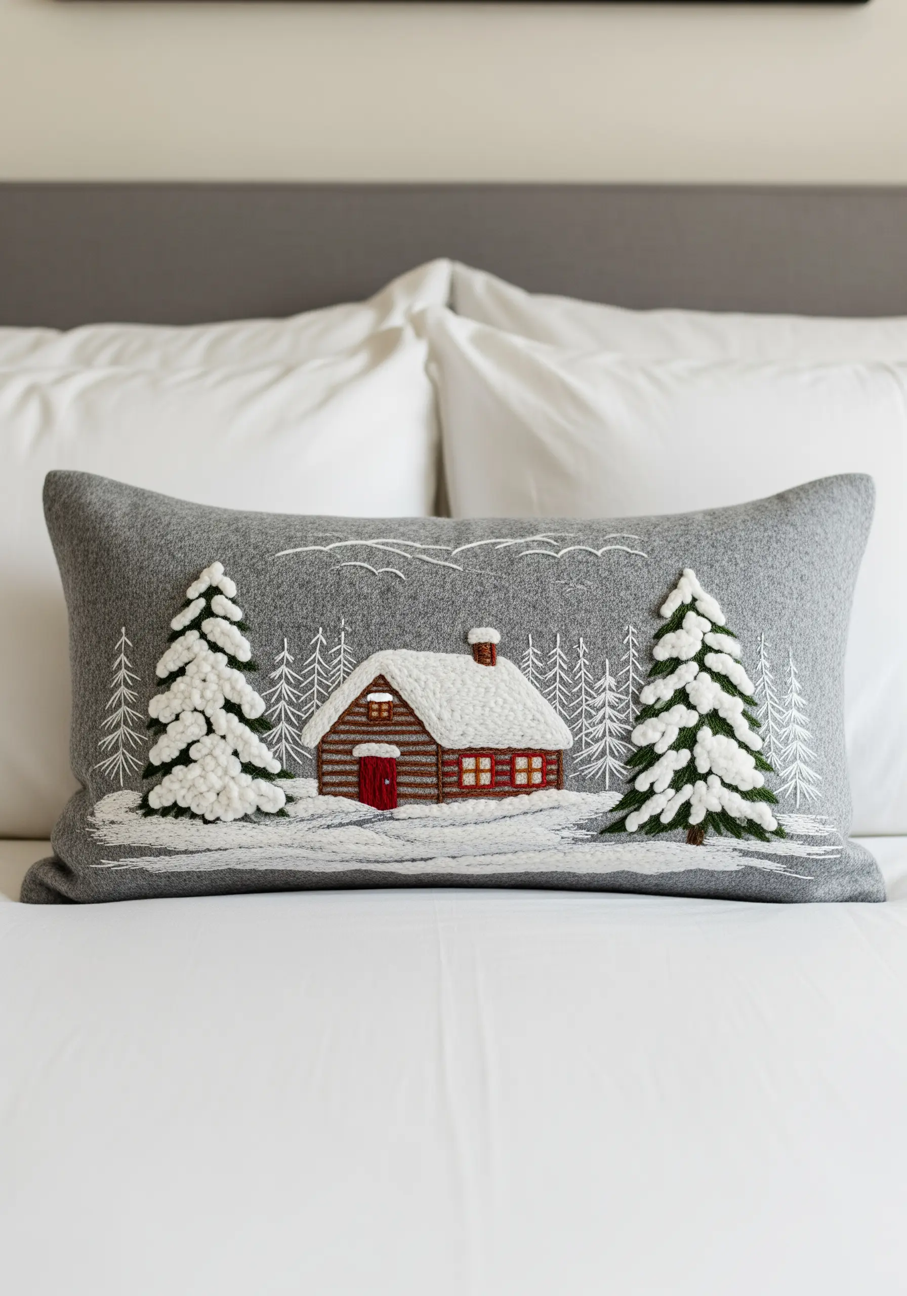 Embroidered winter cabin scene on a grey pillow with fluffy white knots for snow.