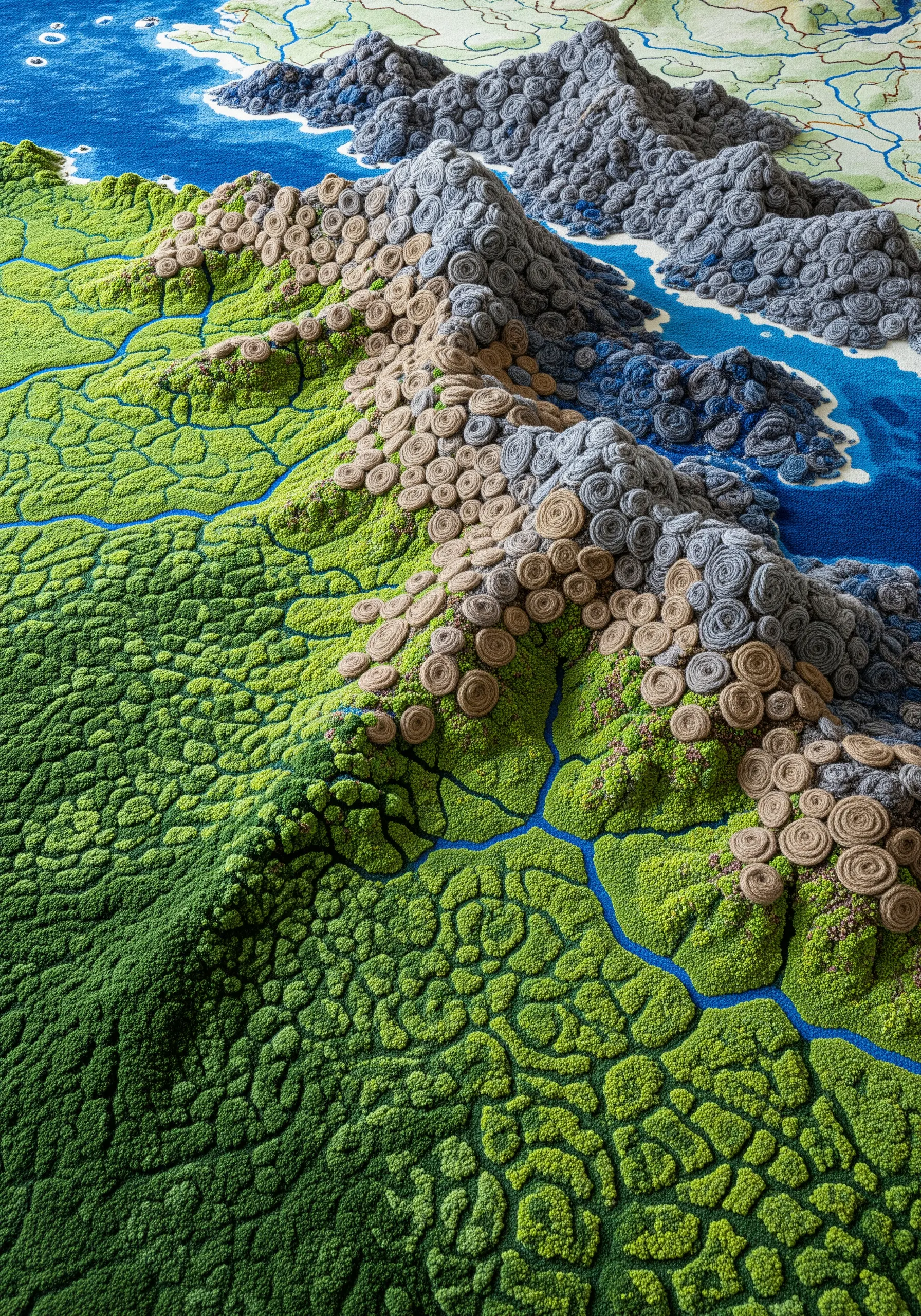 A detailed topographical map made from coiled and textured green, brown, and gray yarns.