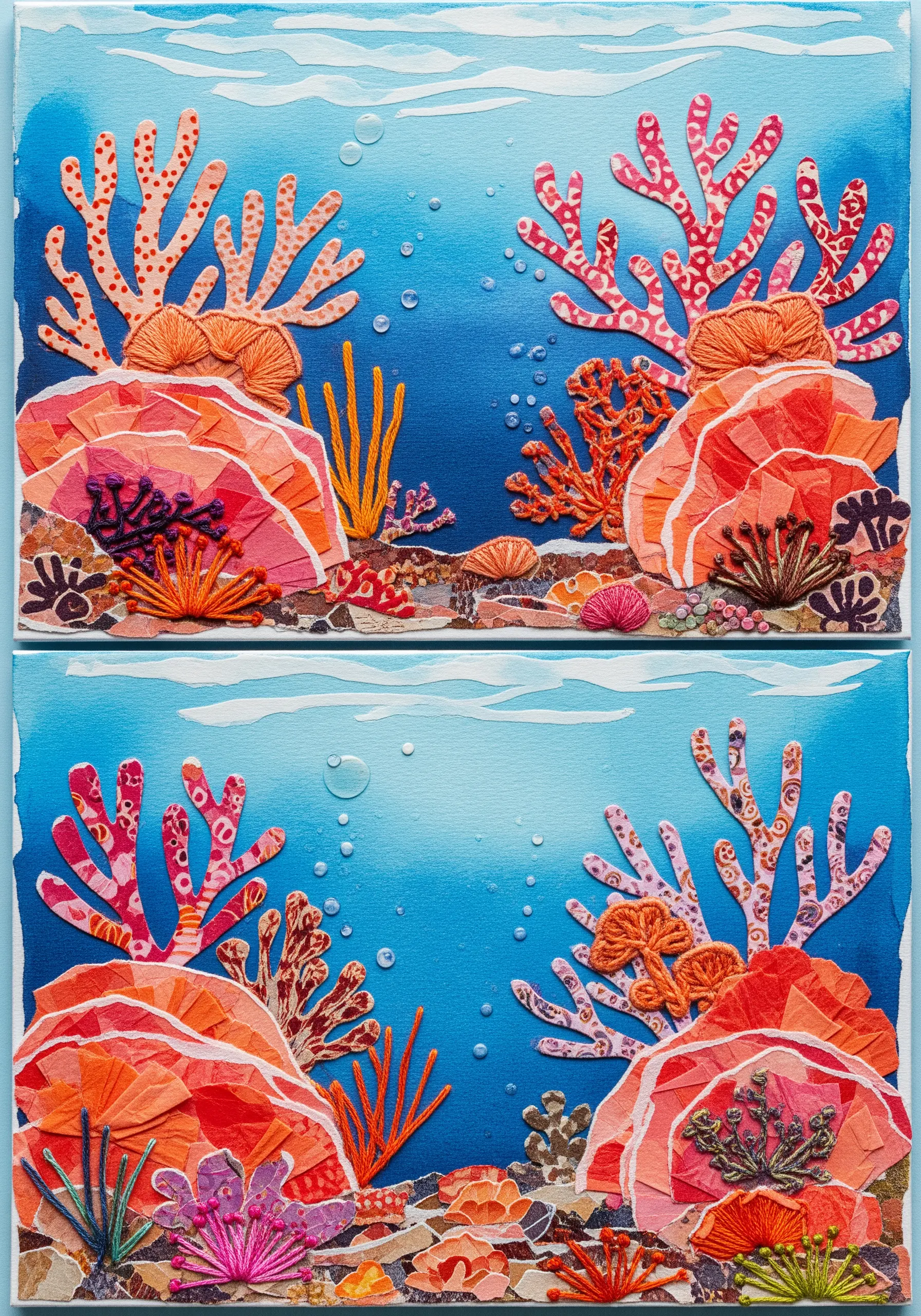 A vibrant underwater coral reef made from paper collage and textural embroidery stitches.