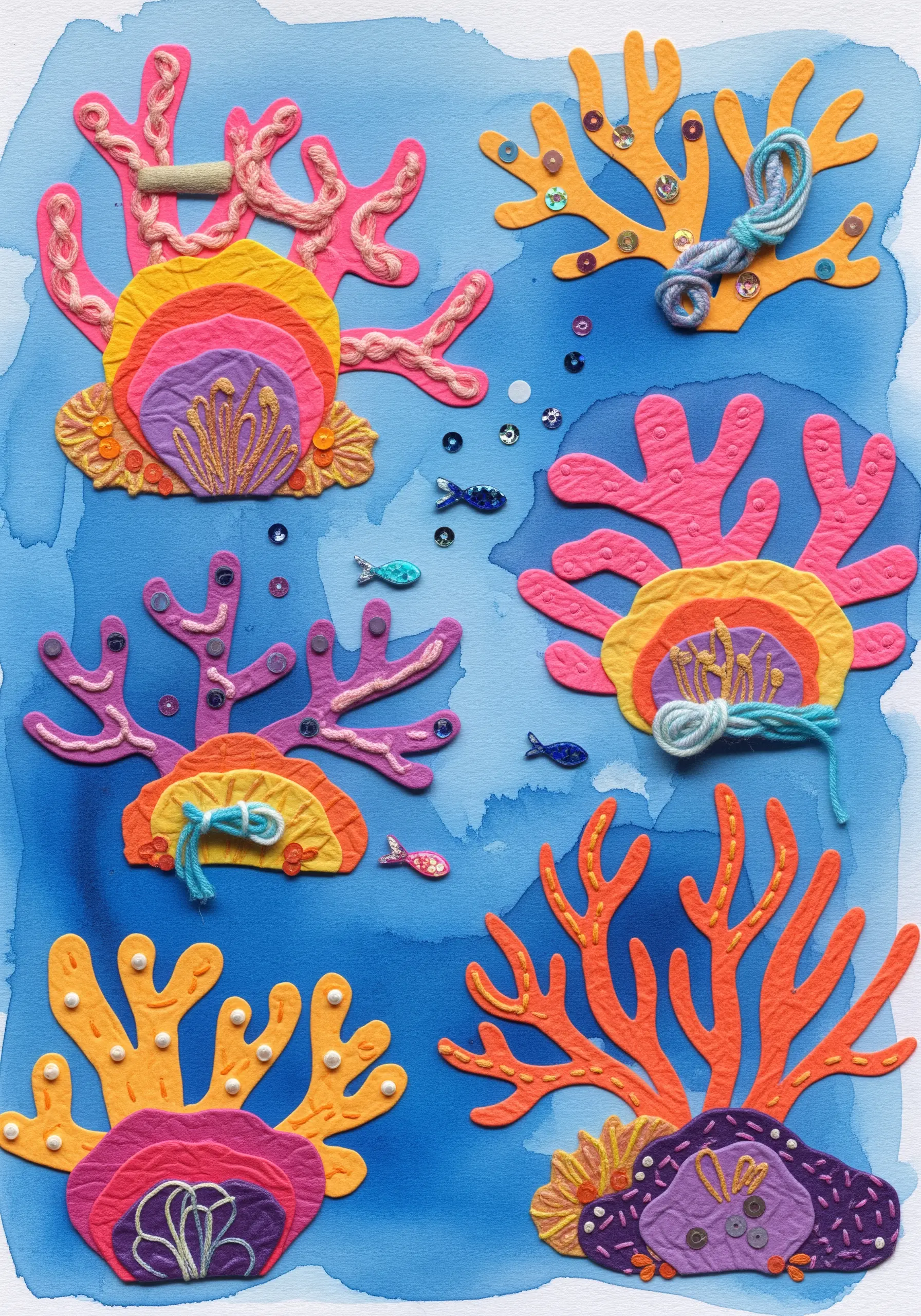 A colorful coral reef collage with layered paper, yarn, and stitched details.