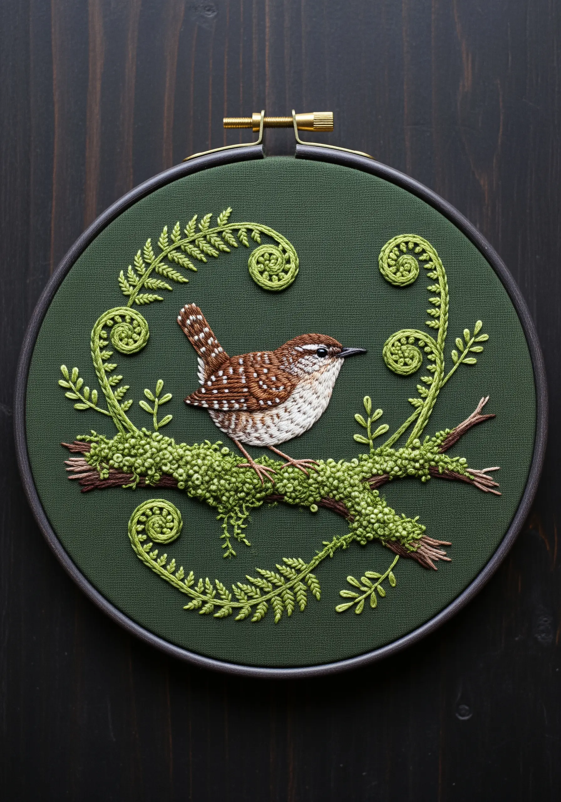 A small wren perched on a branch covered in textured green French knot moss.
