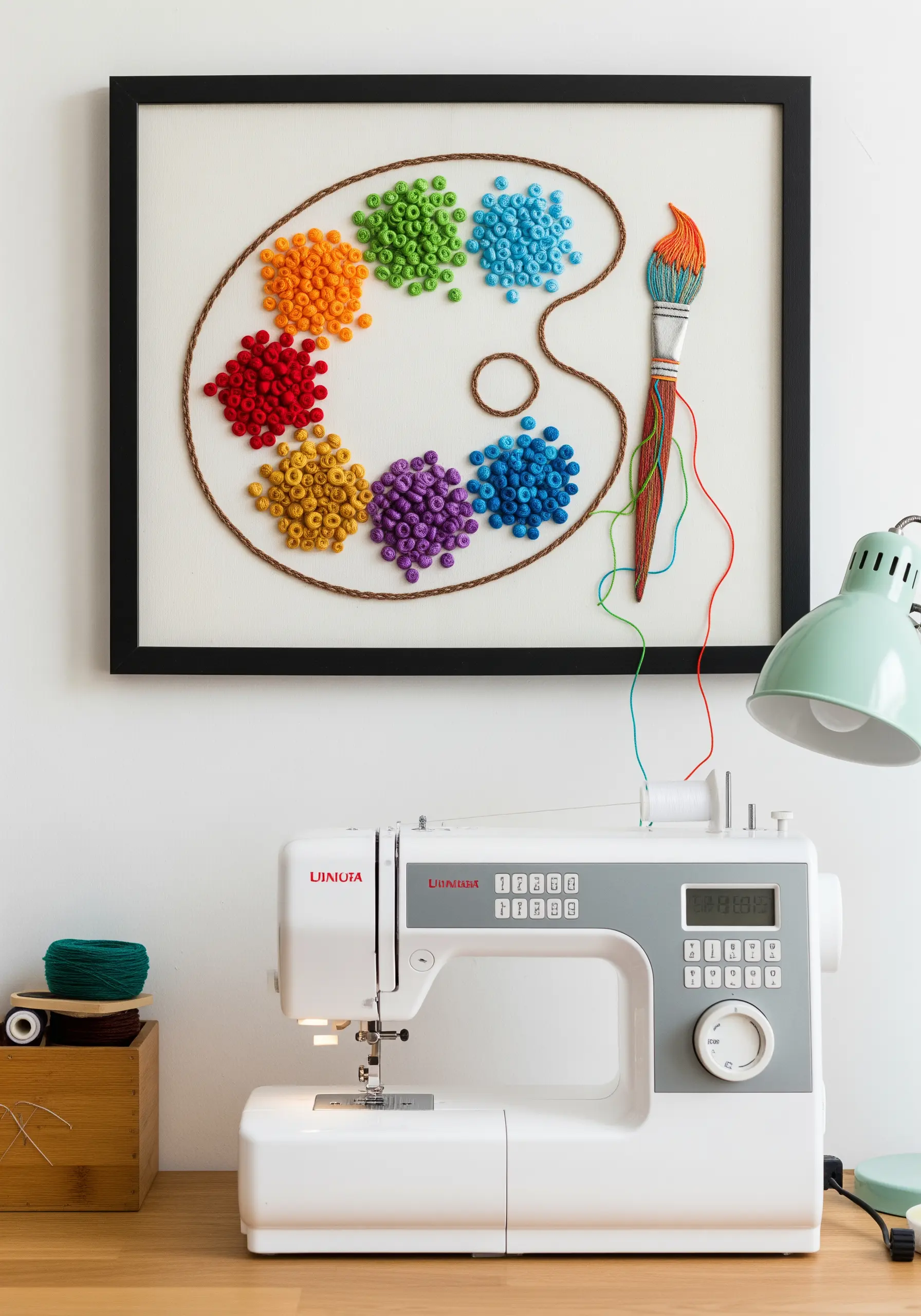 An artist's paint palette embroidered with colorful, textured French knots in a black frame.