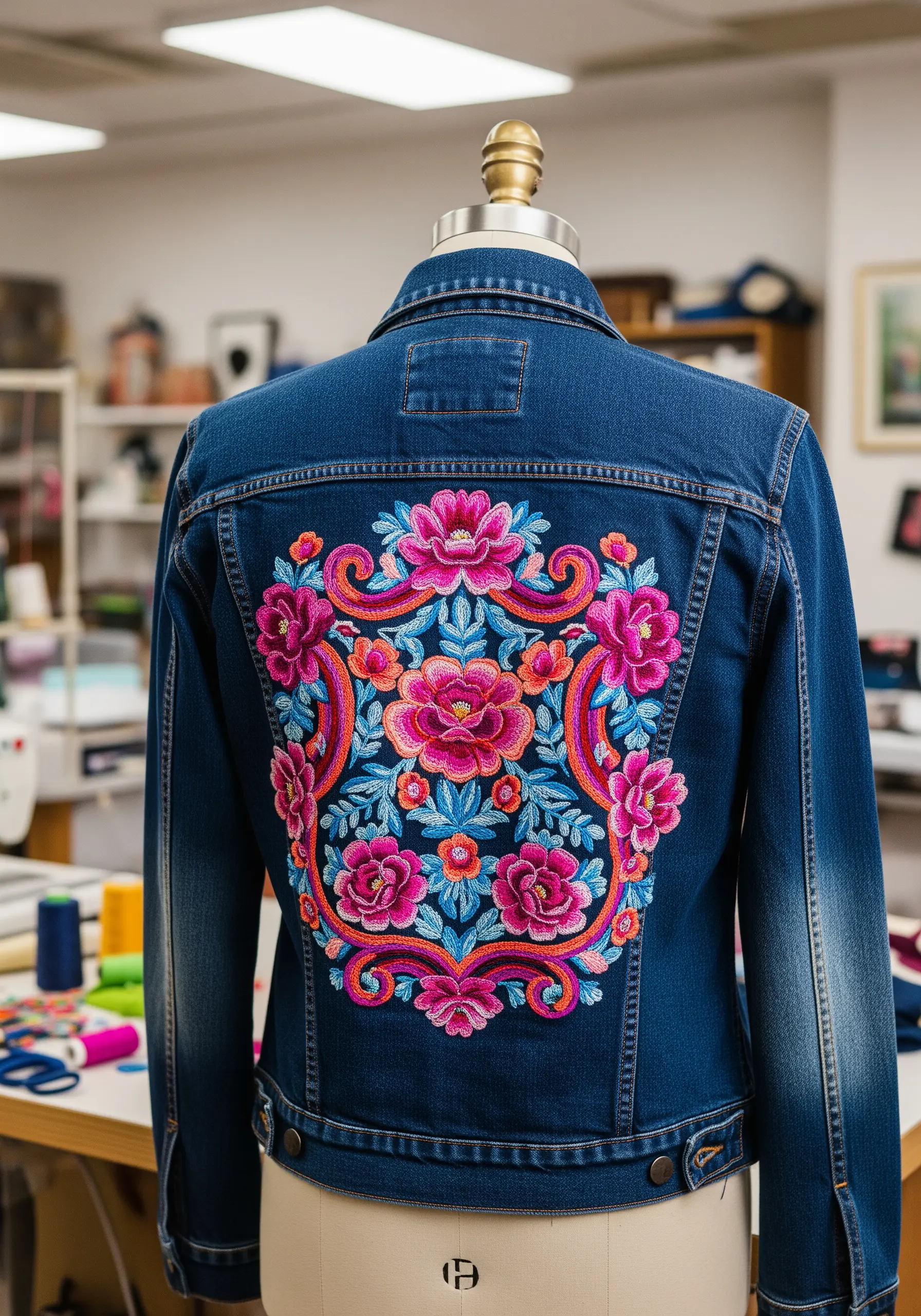 A vibrant, symmetrical floral embroidery design in pinks, oranges, and blues on a denim jacket back.
