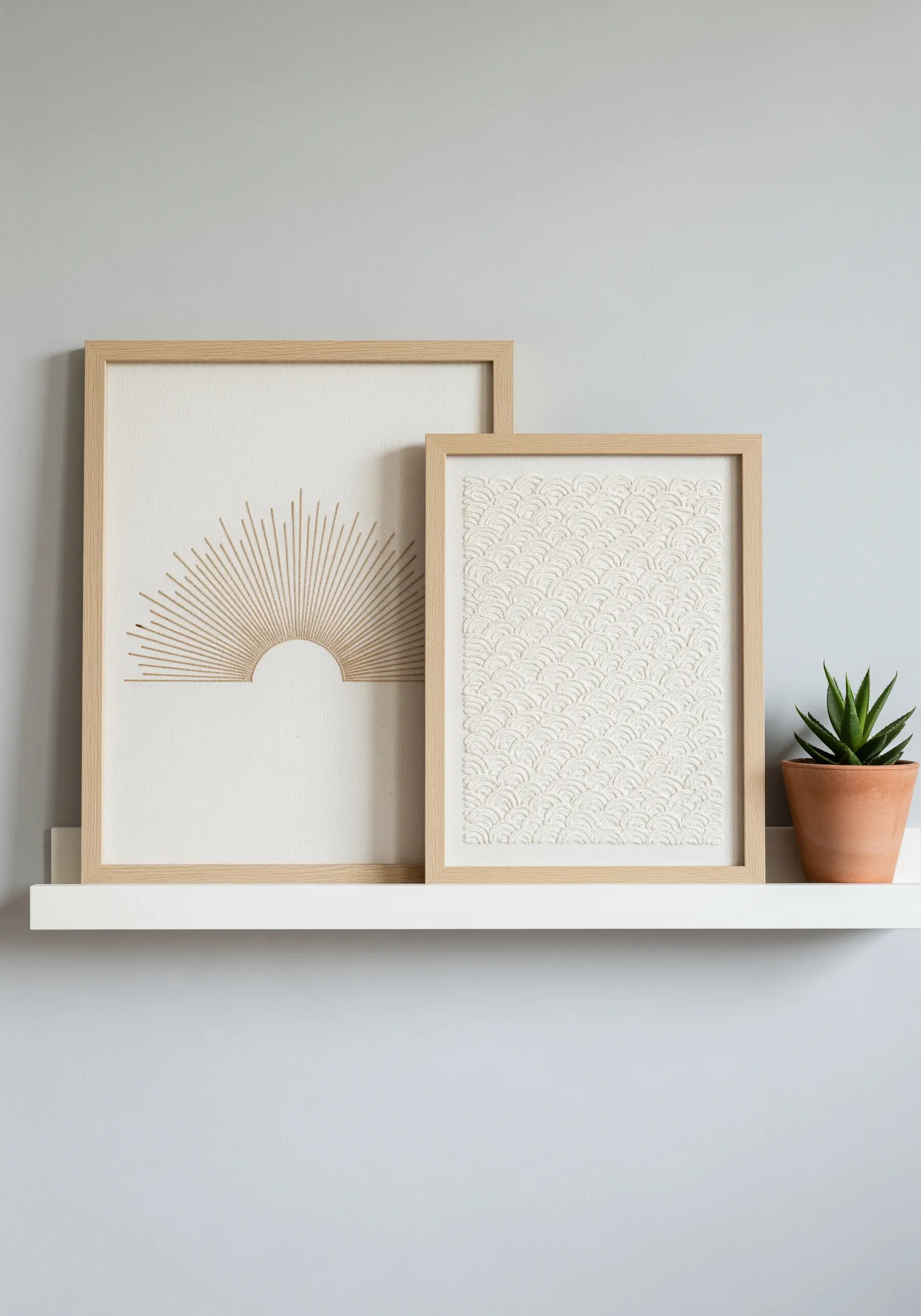 Framed embroidery: one sunburst, one repeating wave pattern, both in neutral tones