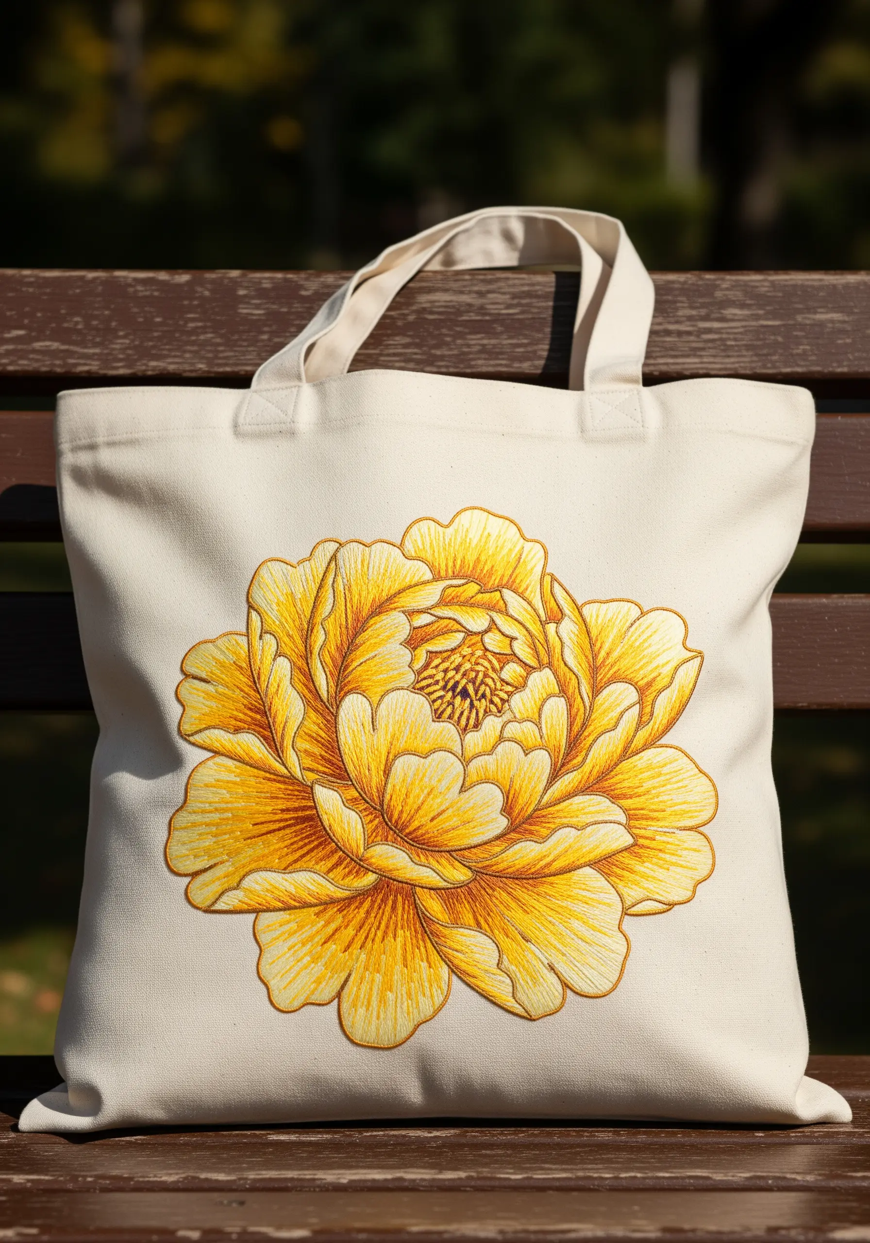 A large golden yellow peony with detailed shading embroidered on a canvas tote bag.