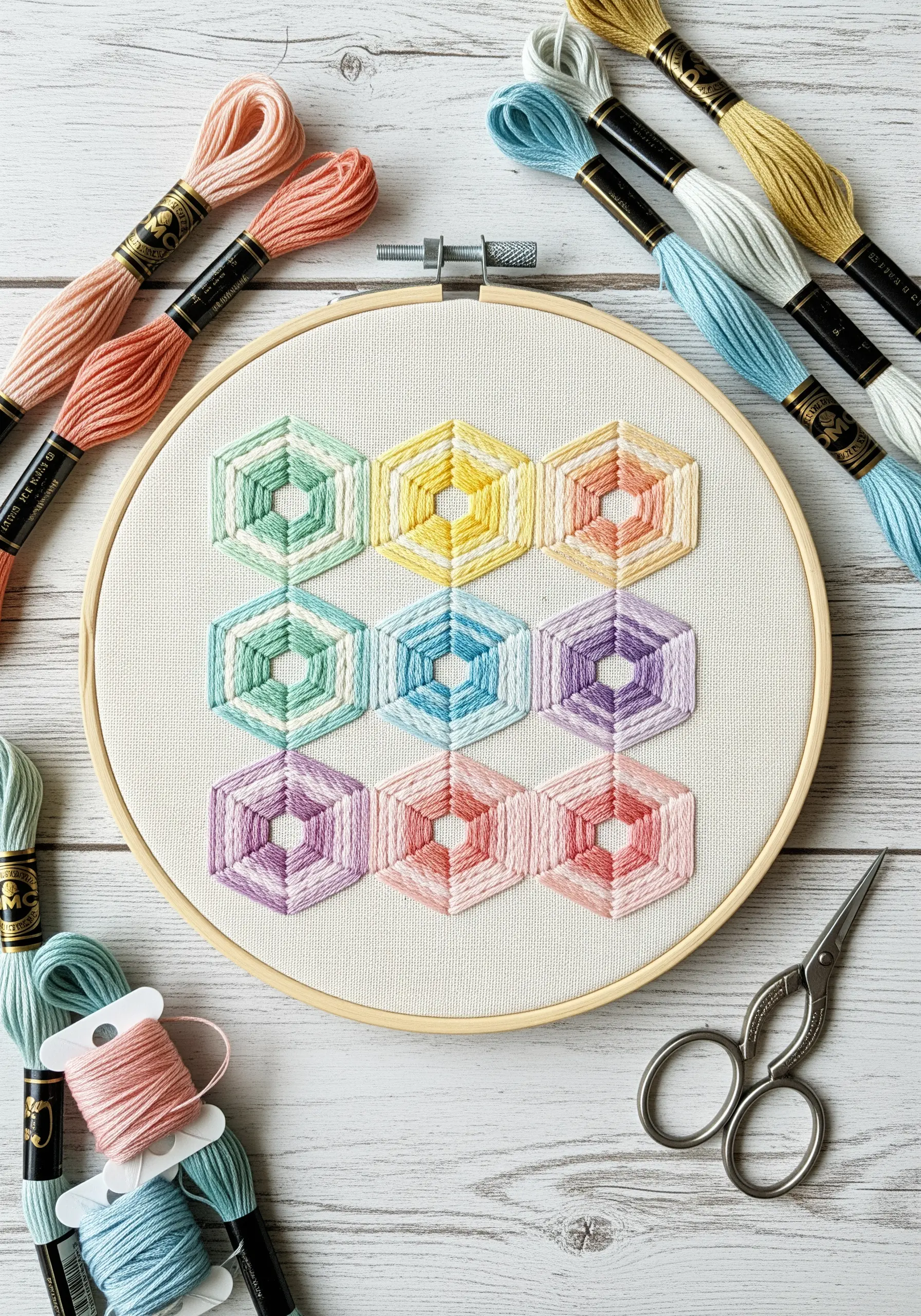 Pastel rainbow gradient embroidery in a grid of nine hexagons.