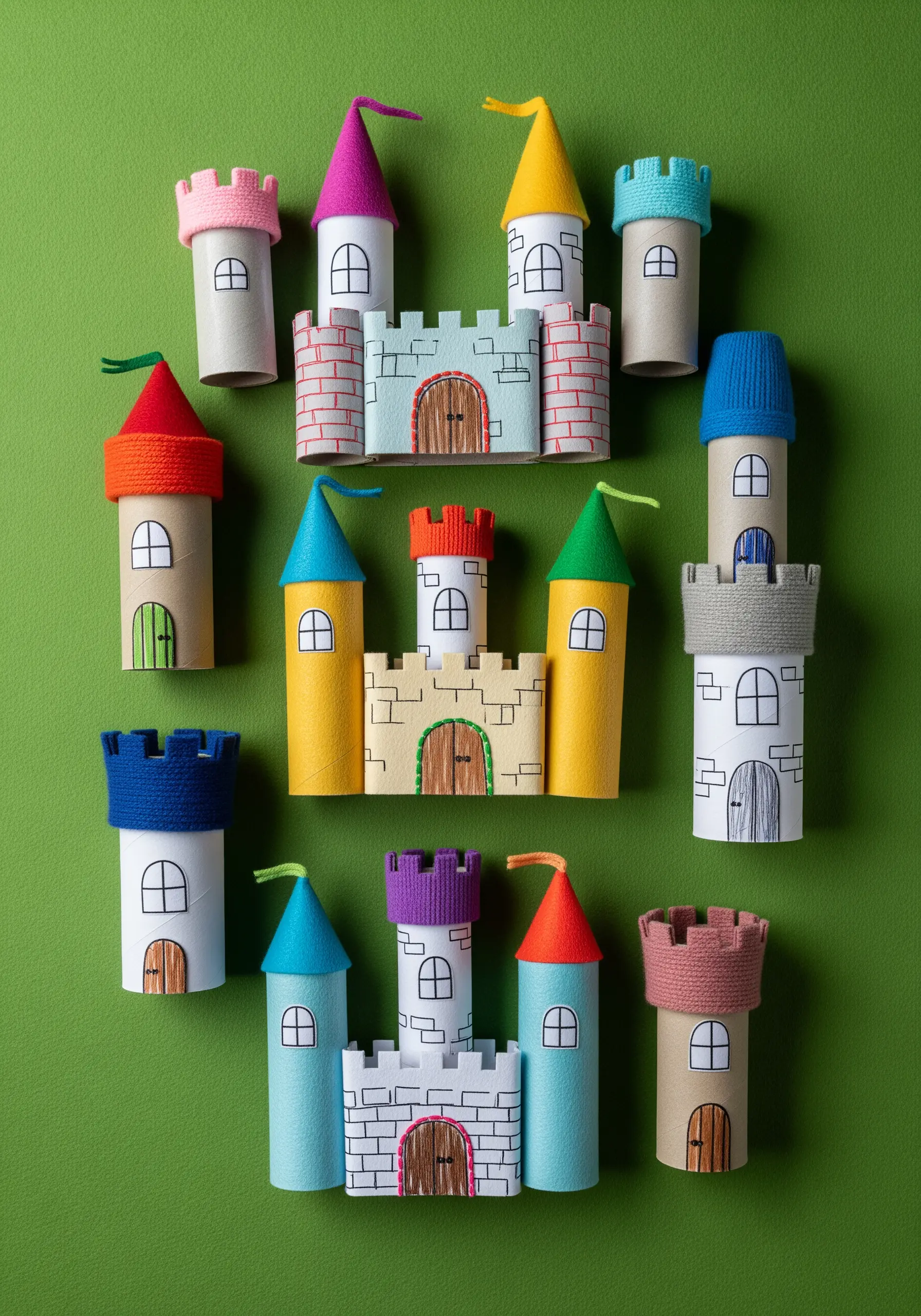 A collection of colorful castles made from cardboard tubes, paper, and wrapped yarn.