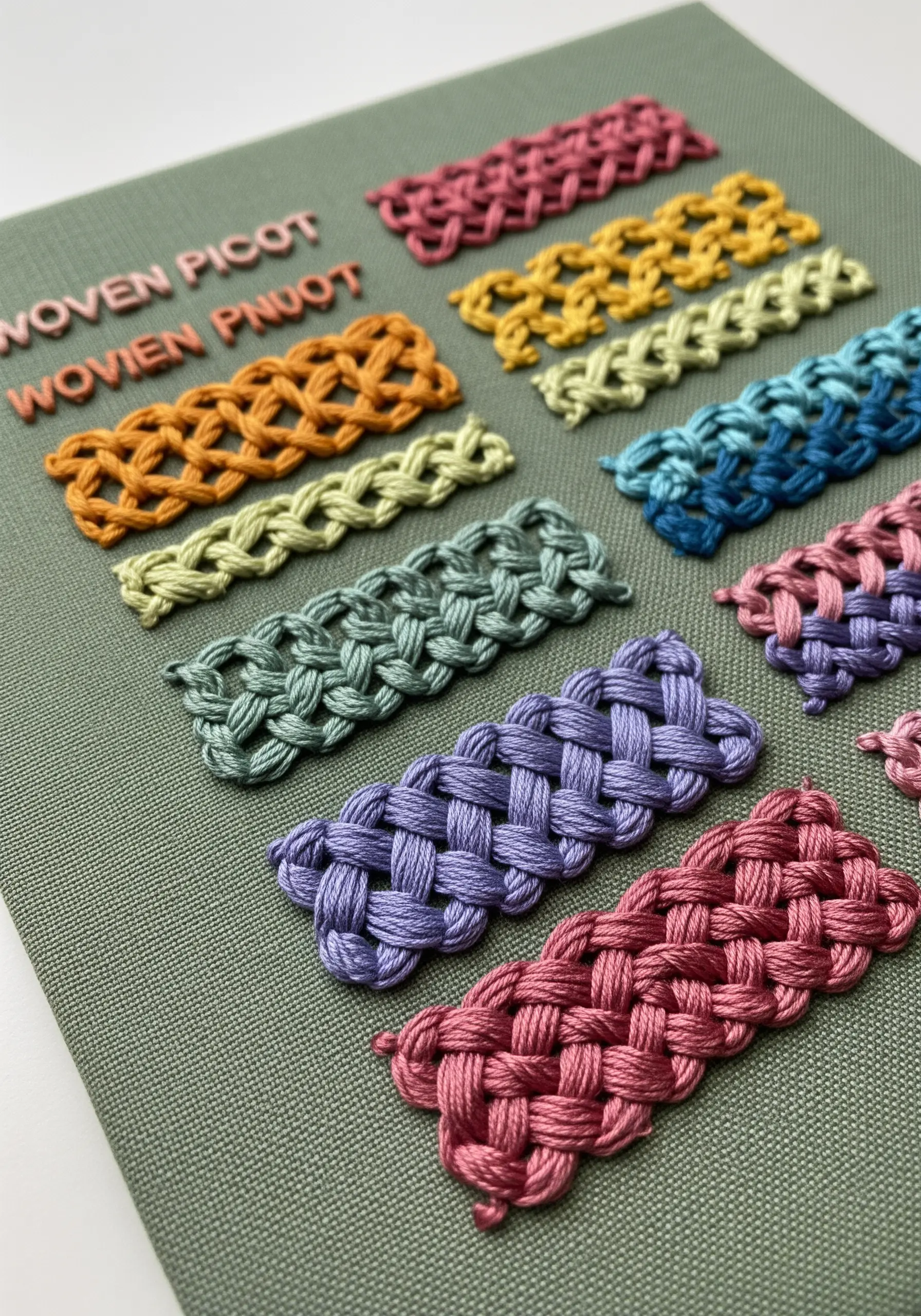A sampler of woven picot stitches in various colors, showing their 3D braided texture.