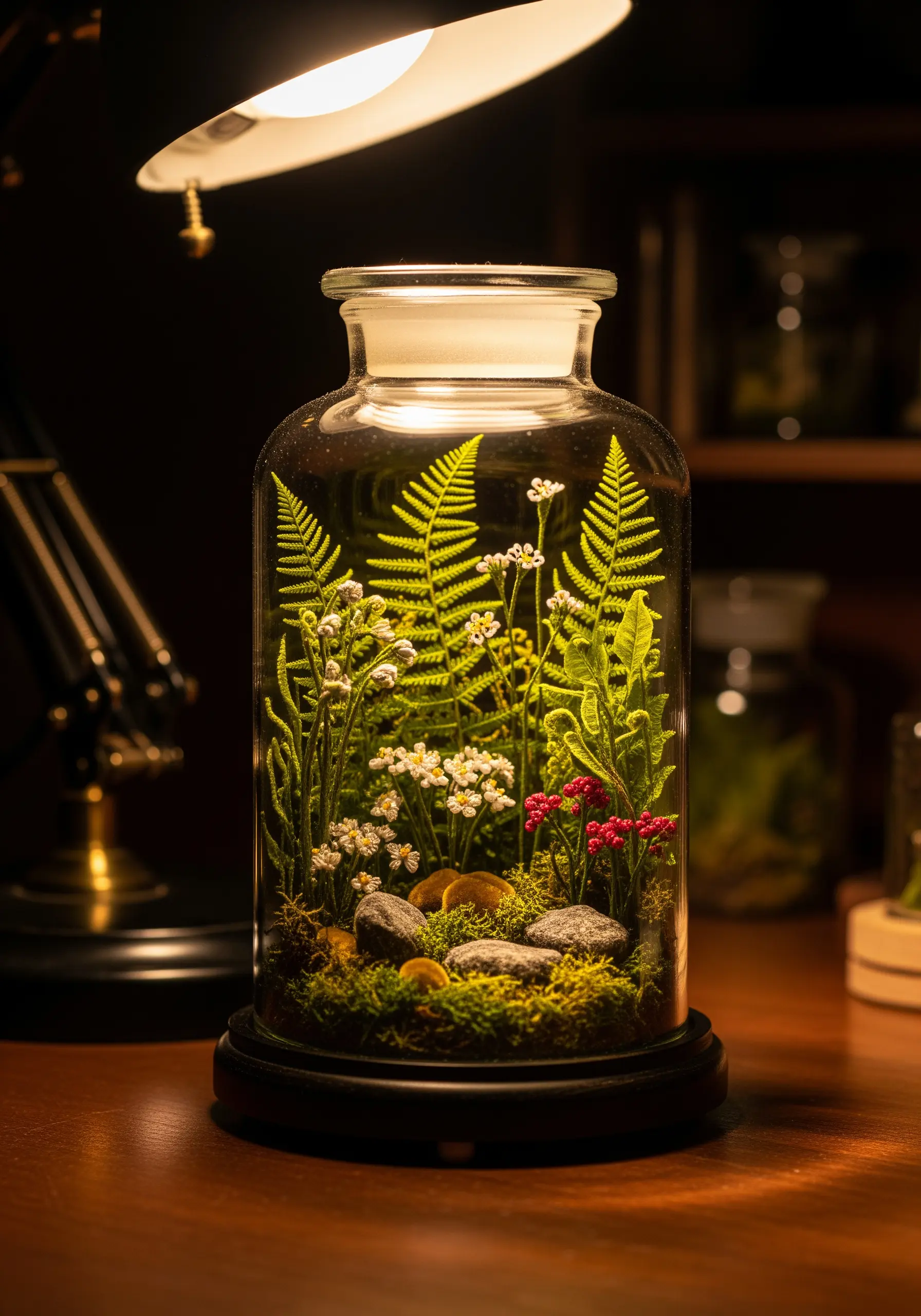 A detailed 3D embroidered garden scene with ferns and flowers inside a glass jar.